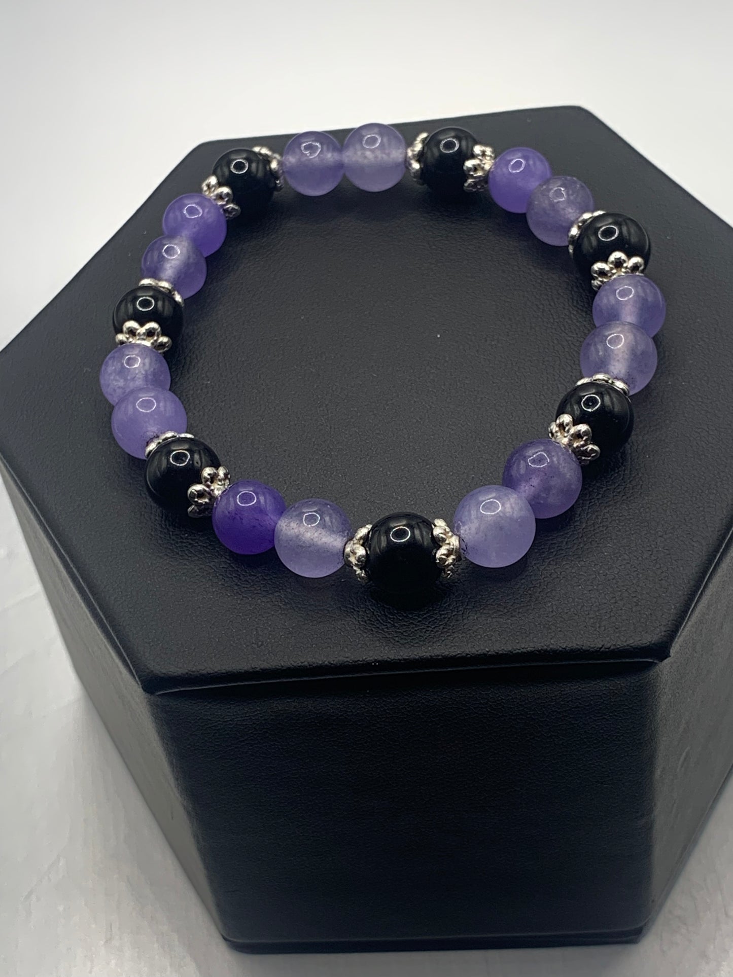 Black obsidian with purple agate semi precious stone/crystal beaded elastic bracelet with silver plated flower bead caps