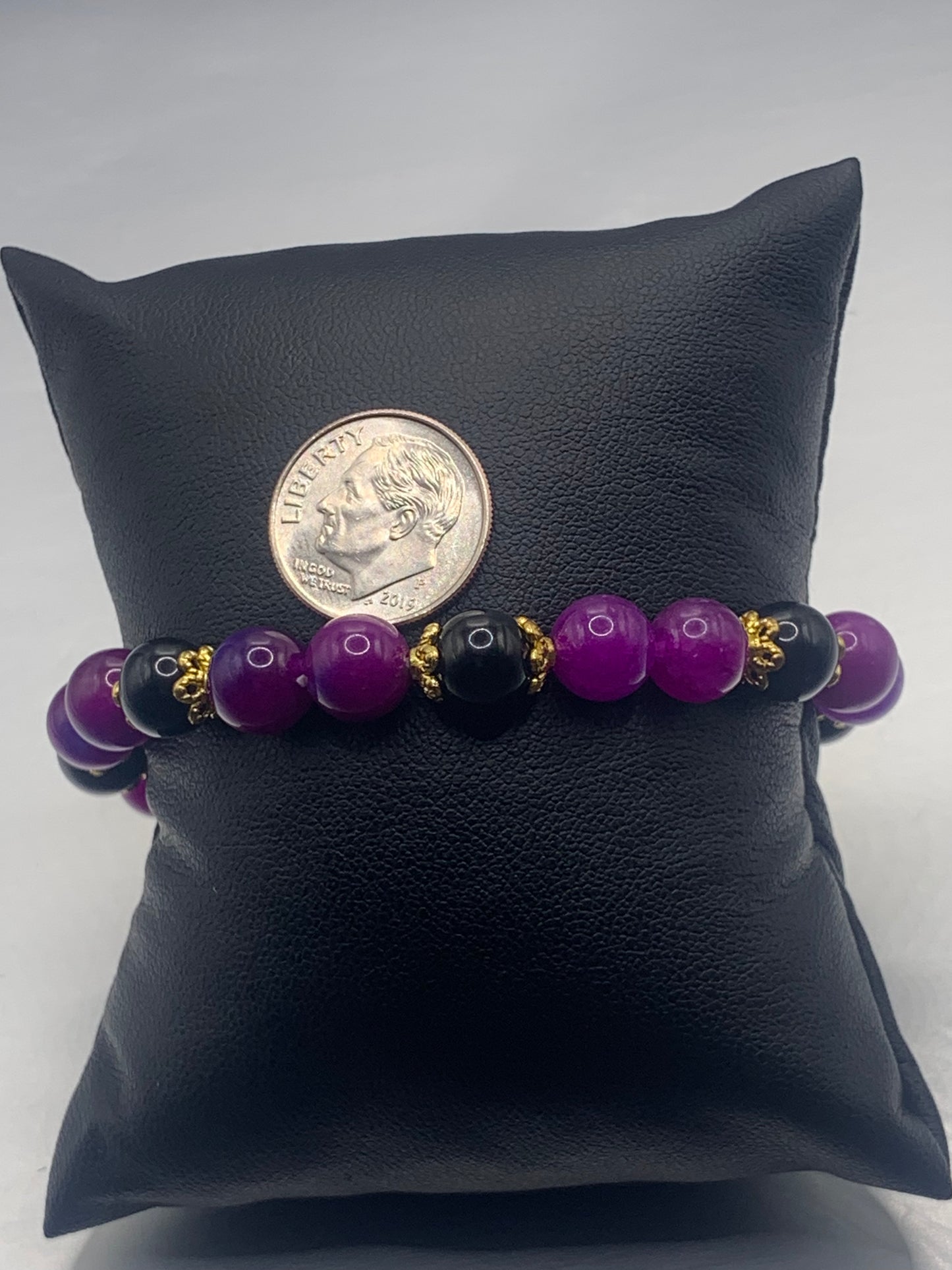 Black obsidian with purple blue chalcedony semi precious stone/crystal beaded elastic bracelet with gold plated flower bead caps