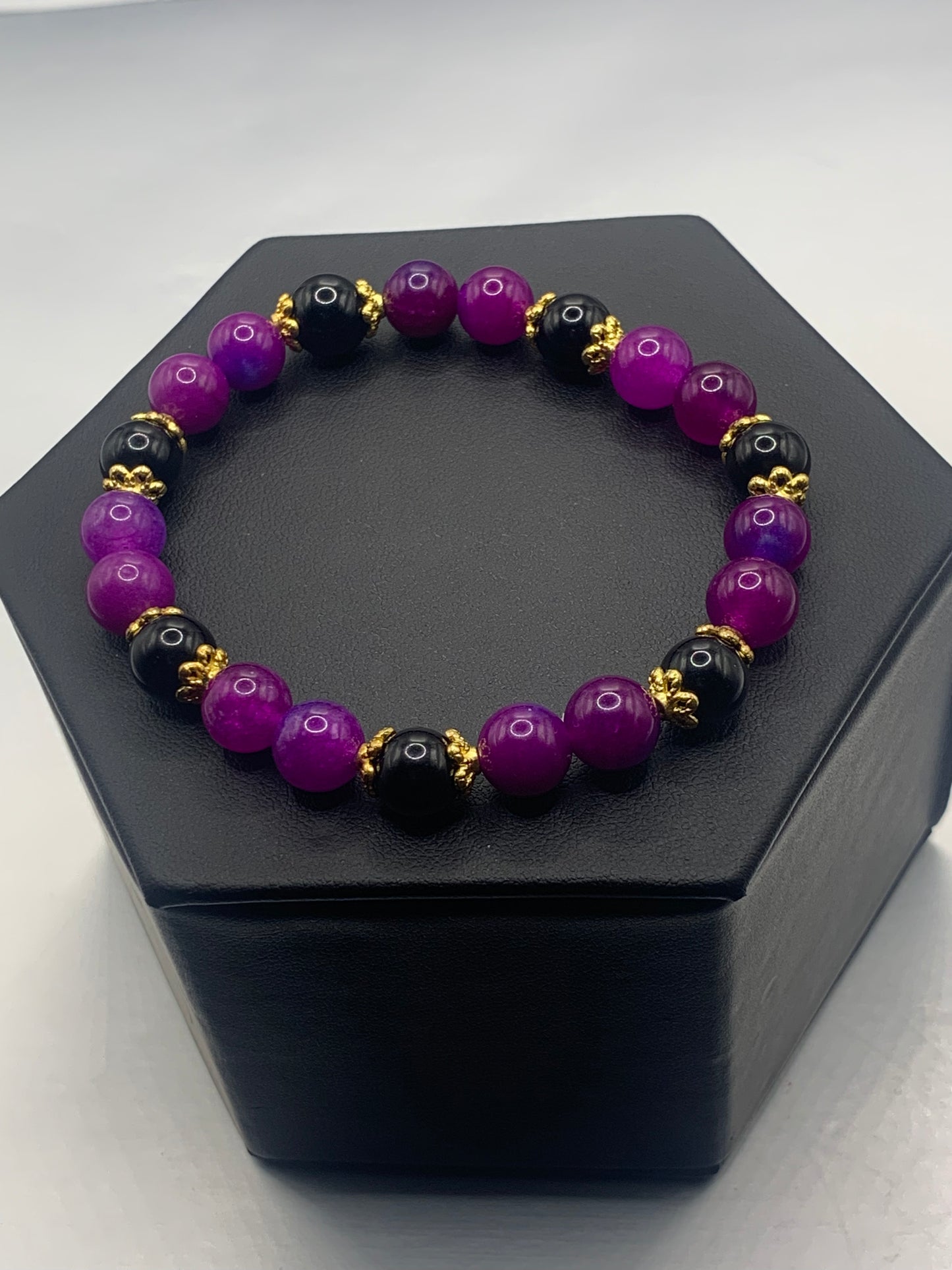 Black obsidian with purple blue chalcedony semi precious stone/crystal beaded elastic bracelet with gold plated flower bead caps