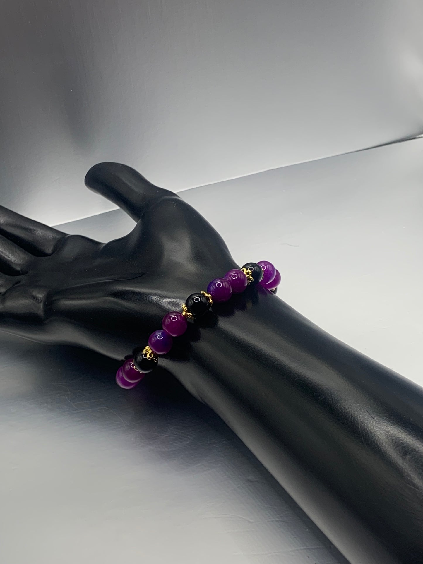 Black obsidian with purple blue chalcedony semi precious stone/crystal beaded elastic bracelet with gold plated flower bead caps