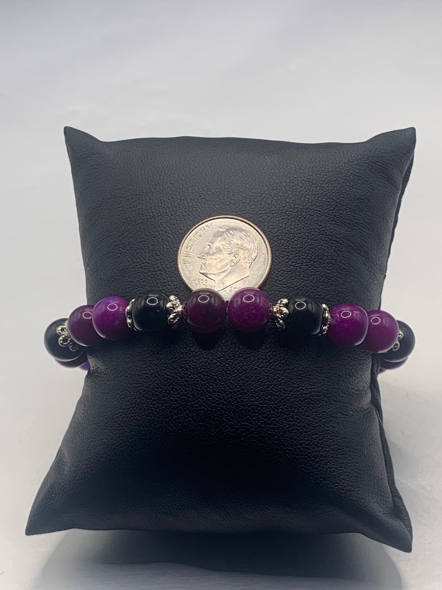 Black obsidian with purple blue chalcedony semi precious stone/crystal beaded elastic bracelet with silver plated flower bead caps