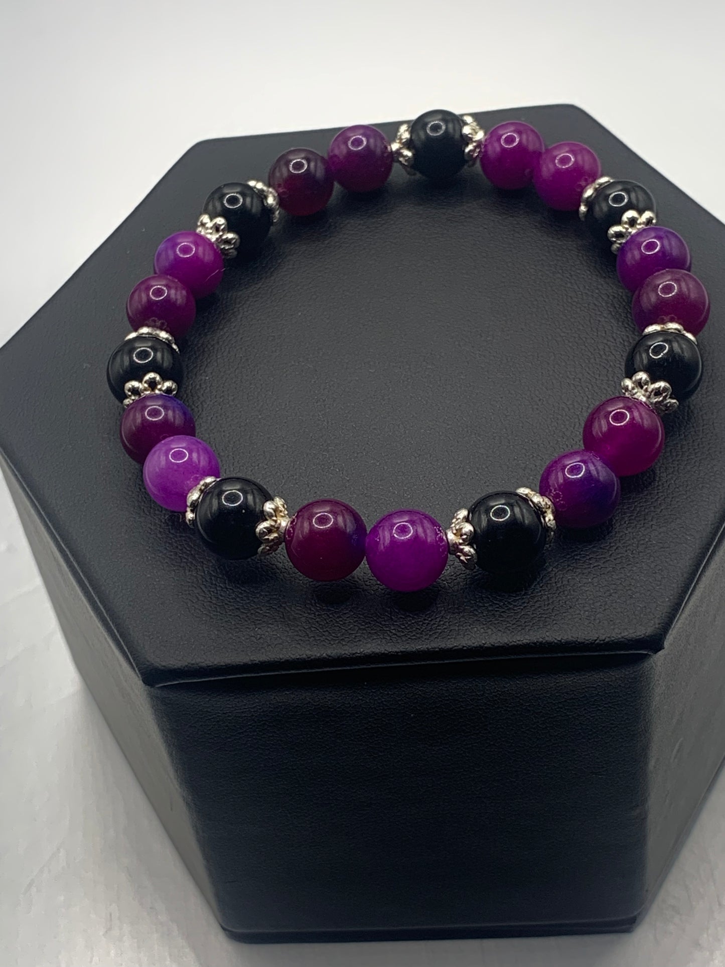 Black obsidian with purple blue chalcedony semi precious stone/crystal beaded elastic bracelet with silver plated flower bead caps