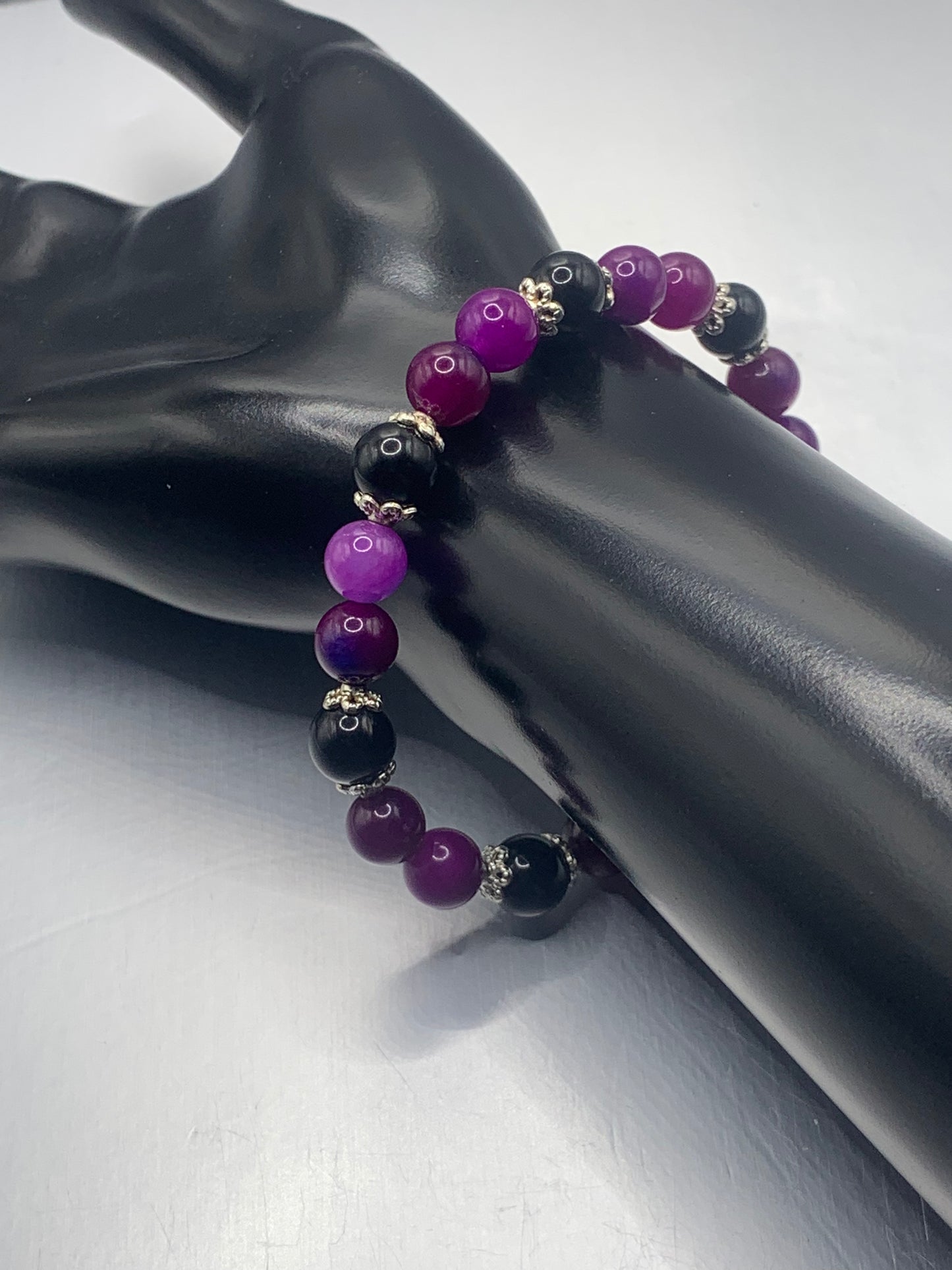Black obsidian with purple blue chalcedony semi precious stone/crystal beaded elastic bracelet with silver plated flower bead caps