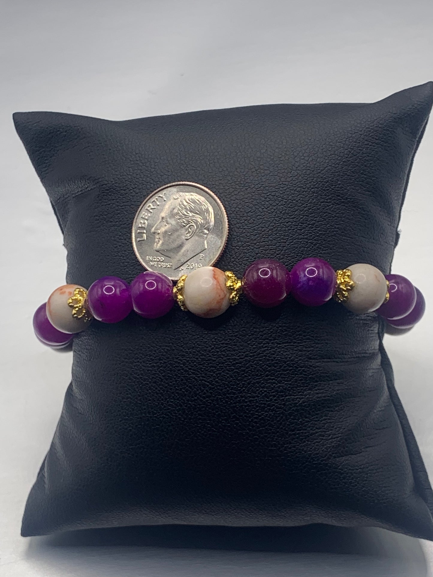 Red vein jasper and purple blue chalcedony semi precious stone/crystal elastic beaded bracelet with gold plated flower bead caps
