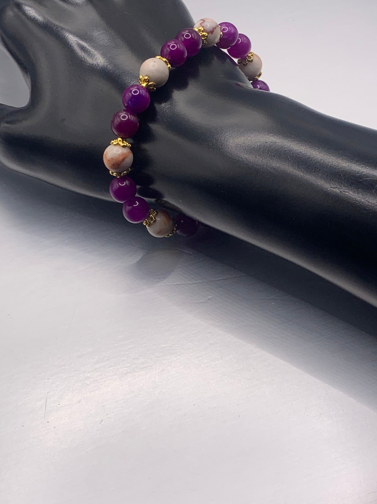 Red vein jasper and purple blue chalcedony semi precious stone/crystal elastic beaded bracelet with gold plated flower bead caps
