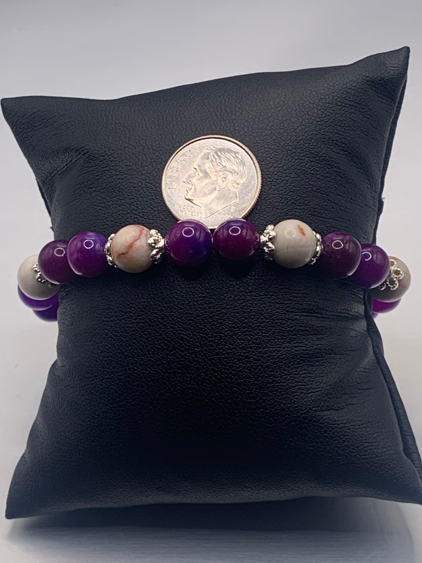 Red vein jasper and purple blue chalcedony semi precious stone/crystal elastic beaded bracelet with silver plated flower bead caps