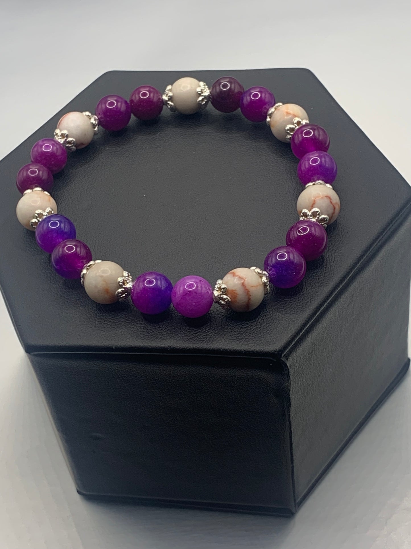 Red vein jasper and purple blue chalcedony semi precious stone/crystal elastic beaded bracelet with silver plated flower bead caps