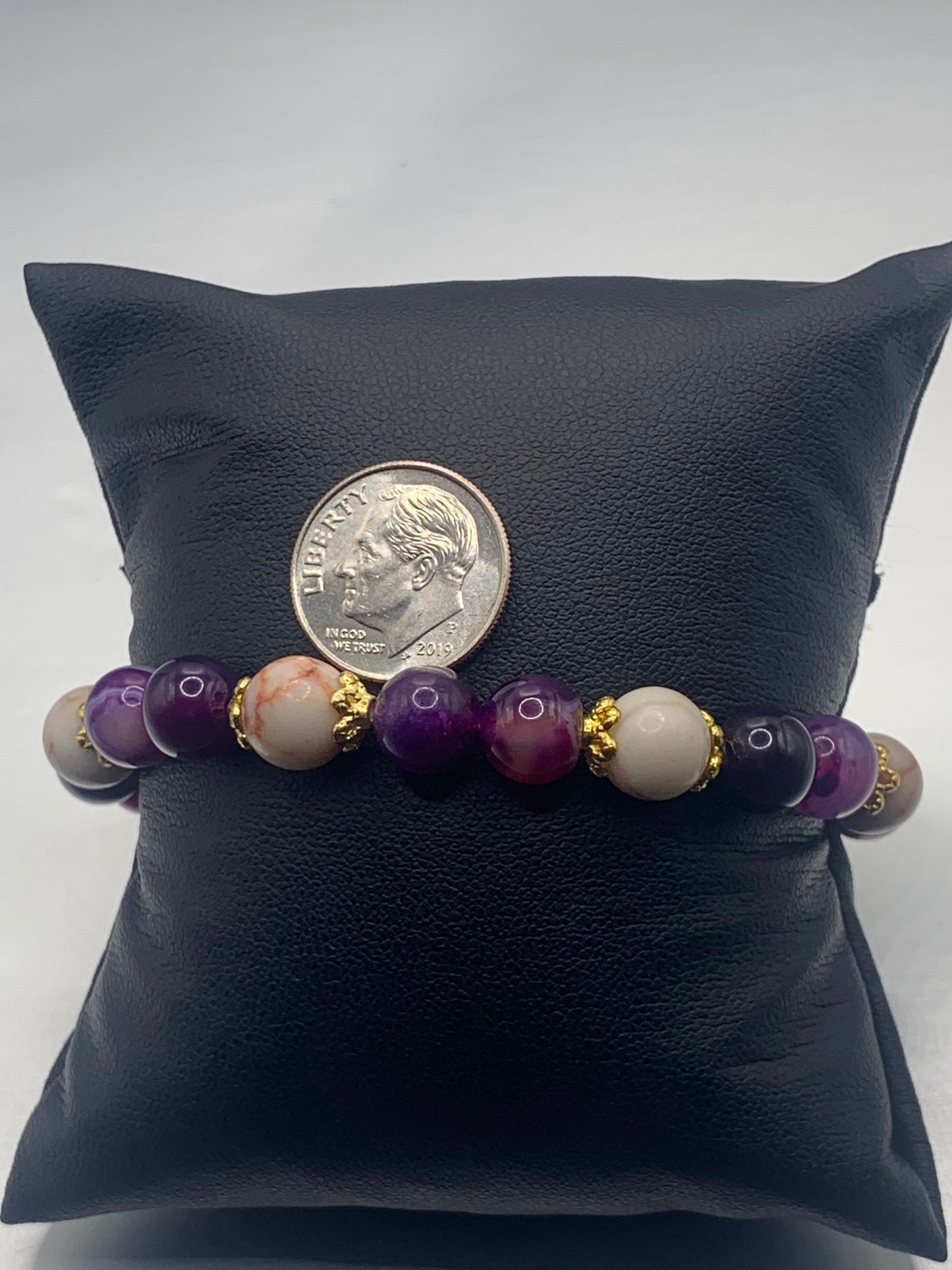 Red vein jasper and purple lace agate semi precious stone/crystal elastic beaded bracelet with gold plated flower bead caps