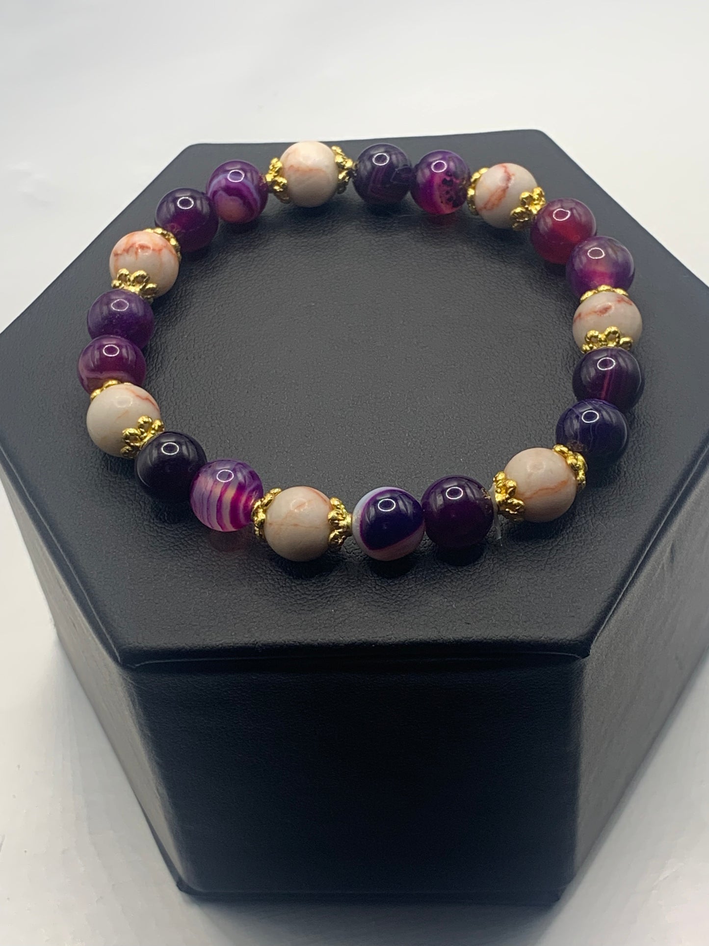 Red vein jasper and purple lace agate semi precious stone/crystal elastic beaded bracelet with gold plated flower bead caps