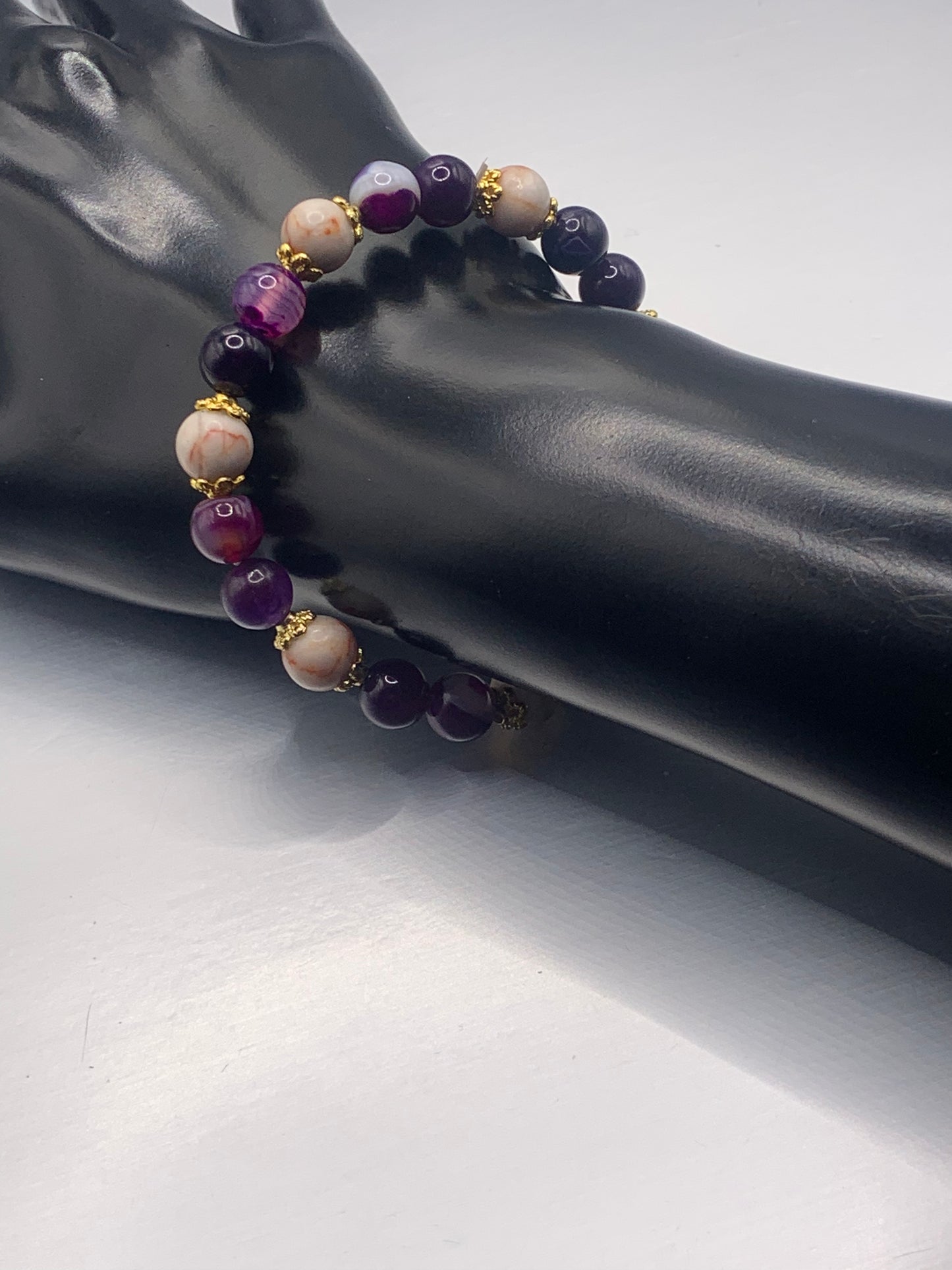 Red vein jasper and purple lace agate semi precious stone/crystal elastic beaded bracelet with gold plated flower bead caps