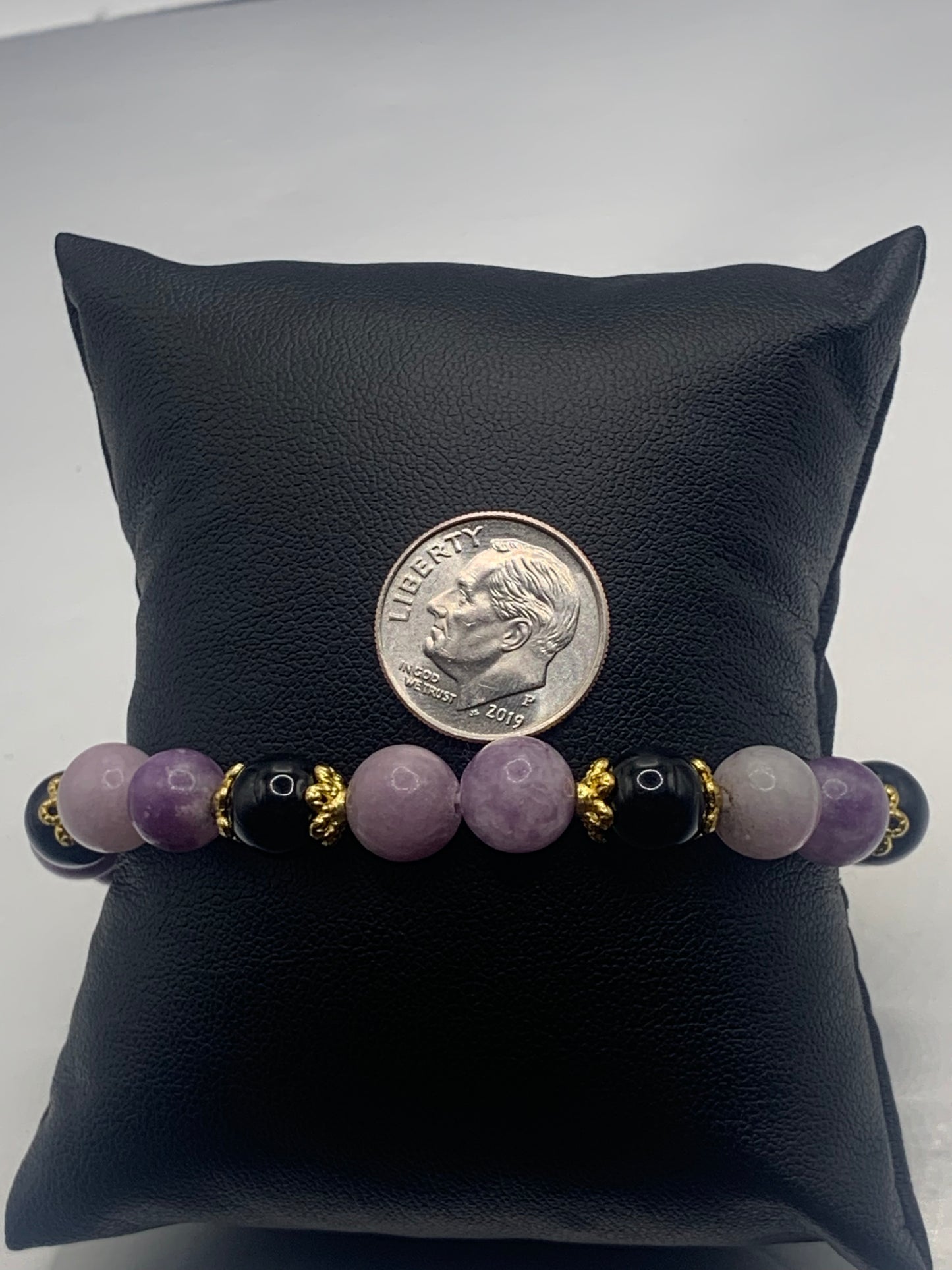 Black obsidian with purple mica semi precious stone/crystal beaded elastic bracelet with gold plated flower bead caps