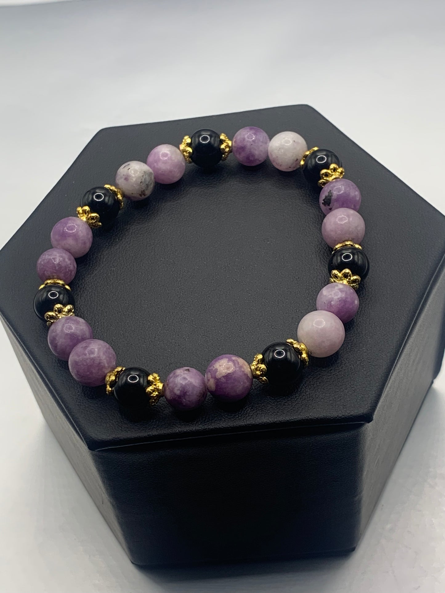 Black obsidian with purple mica semi precious stone/crystal beaded elastic bracelet with gold plated flower bead caps