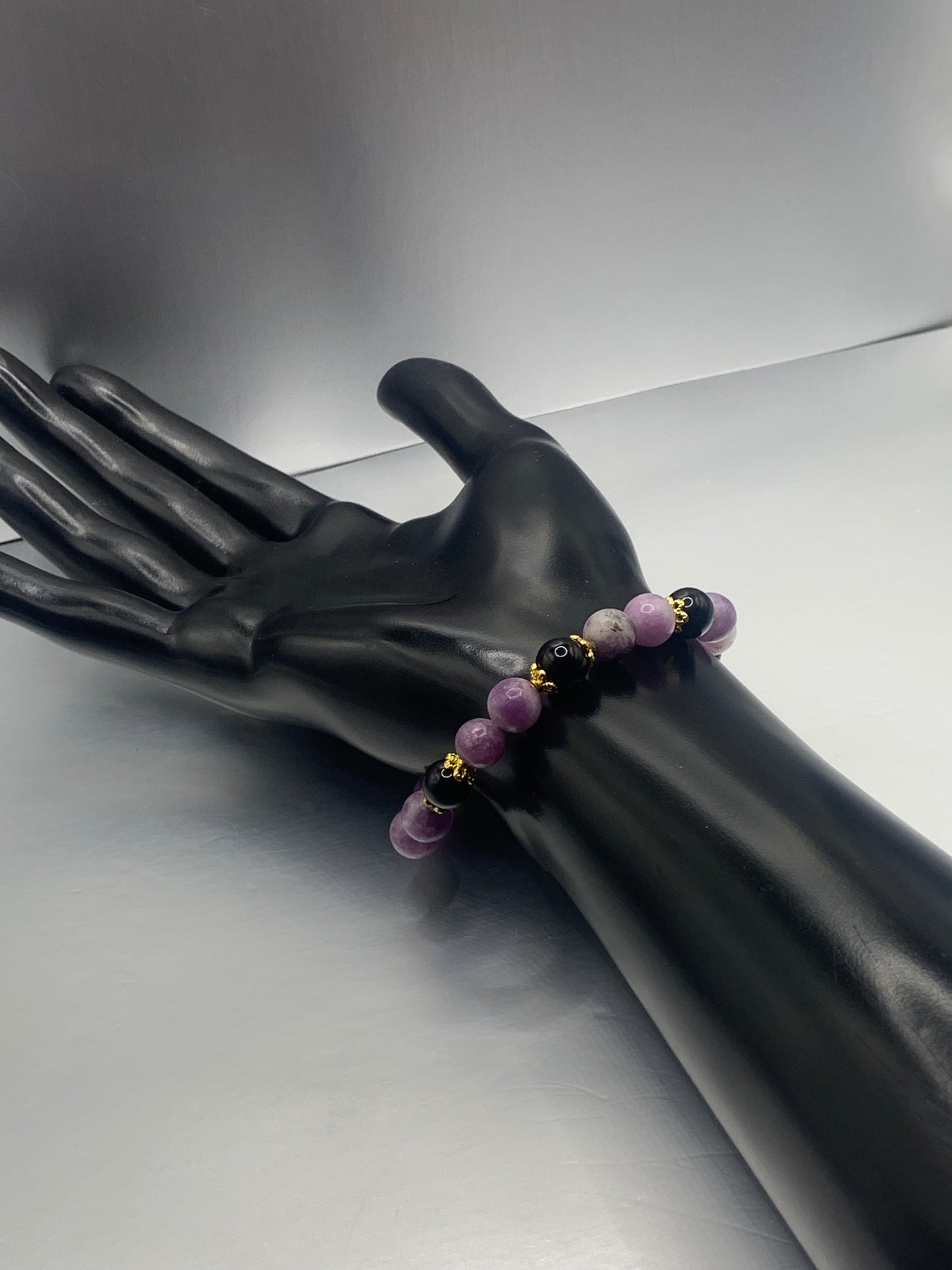 Black obsidian with purple mica semi precious stone/crystal beaded elastic bracelet with gold plated flower bead caps
