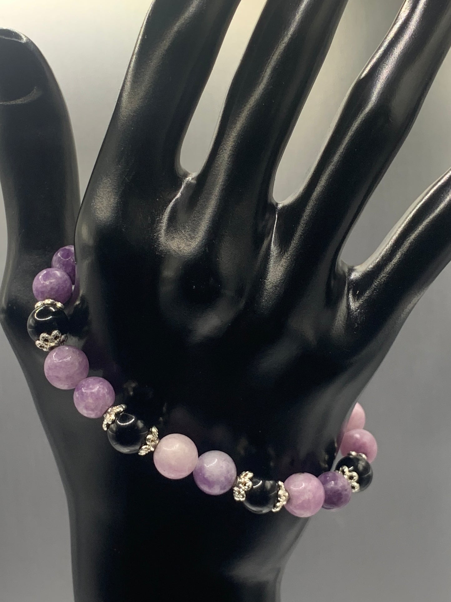 Black obsidian with purple mica semi precious stone/crystal beaded elastic bracelet with silver plated flower bead caps