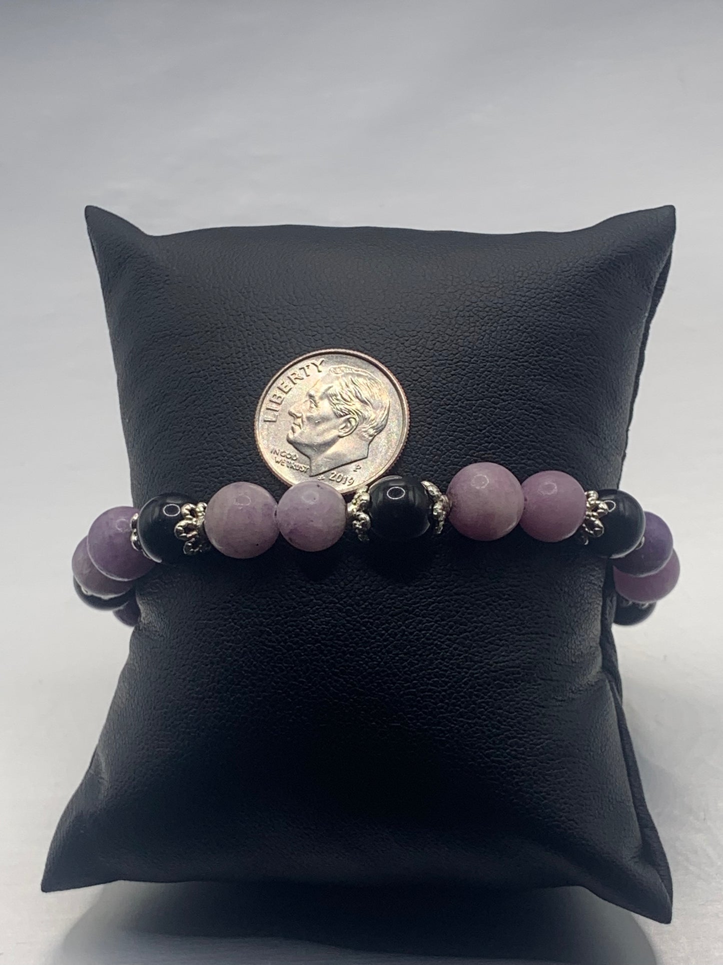 Black obsidian with purple mica semi precious stone/crystal beaded elastic bracelet with silver plated flower bead caps