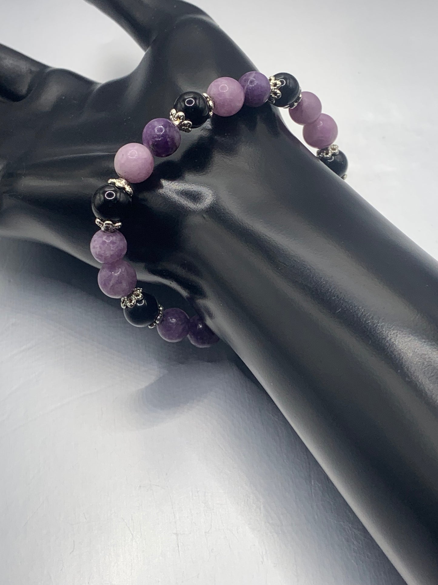 Black obsidian with purple mica semi precious stone/crystal beaded elastic bracelet with silver plated flower bead caps