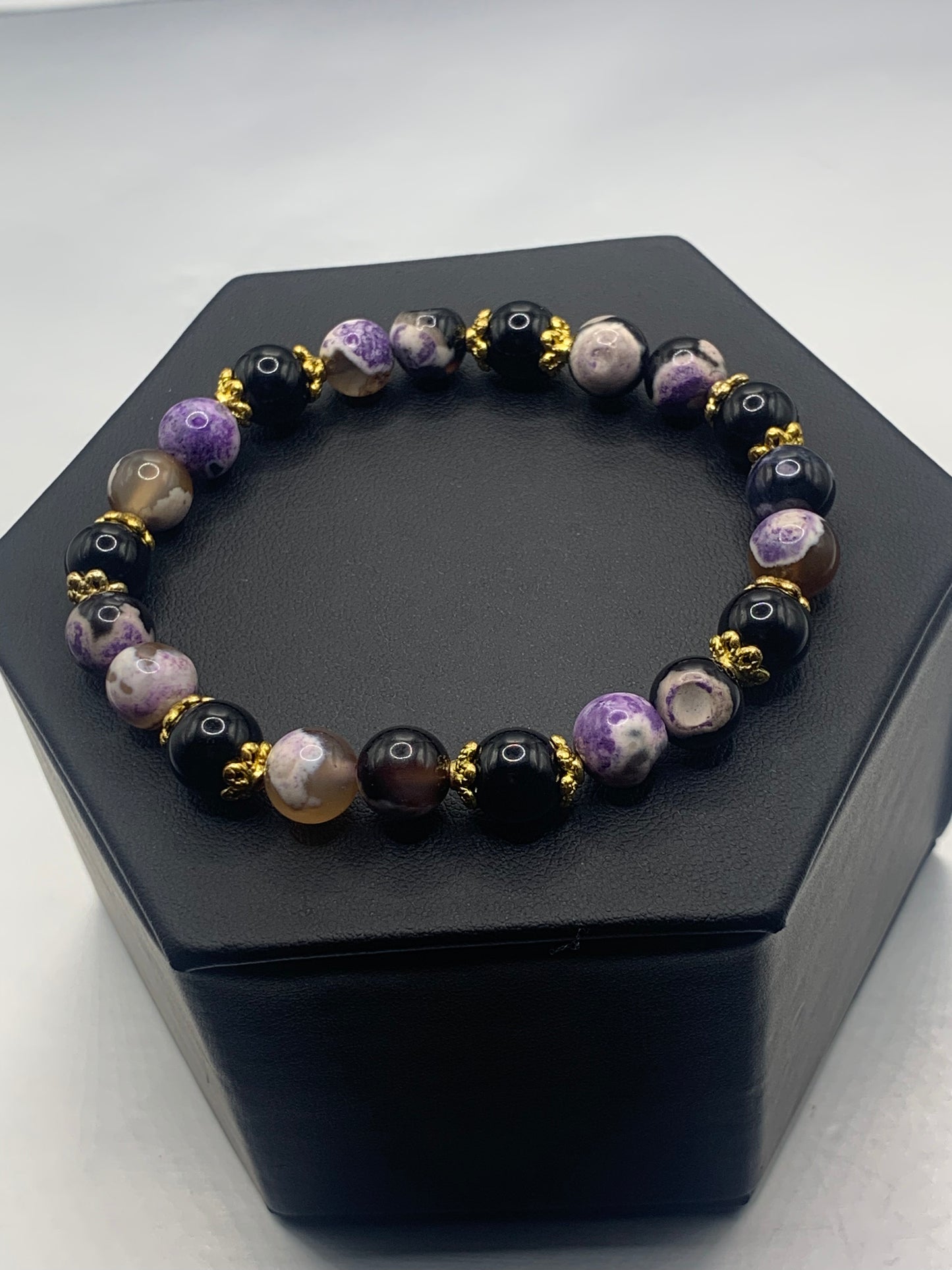 Black obsidian with purple orca agate semi precious stone/crystal beaded elastic bracelet with gold plated flower bead caps