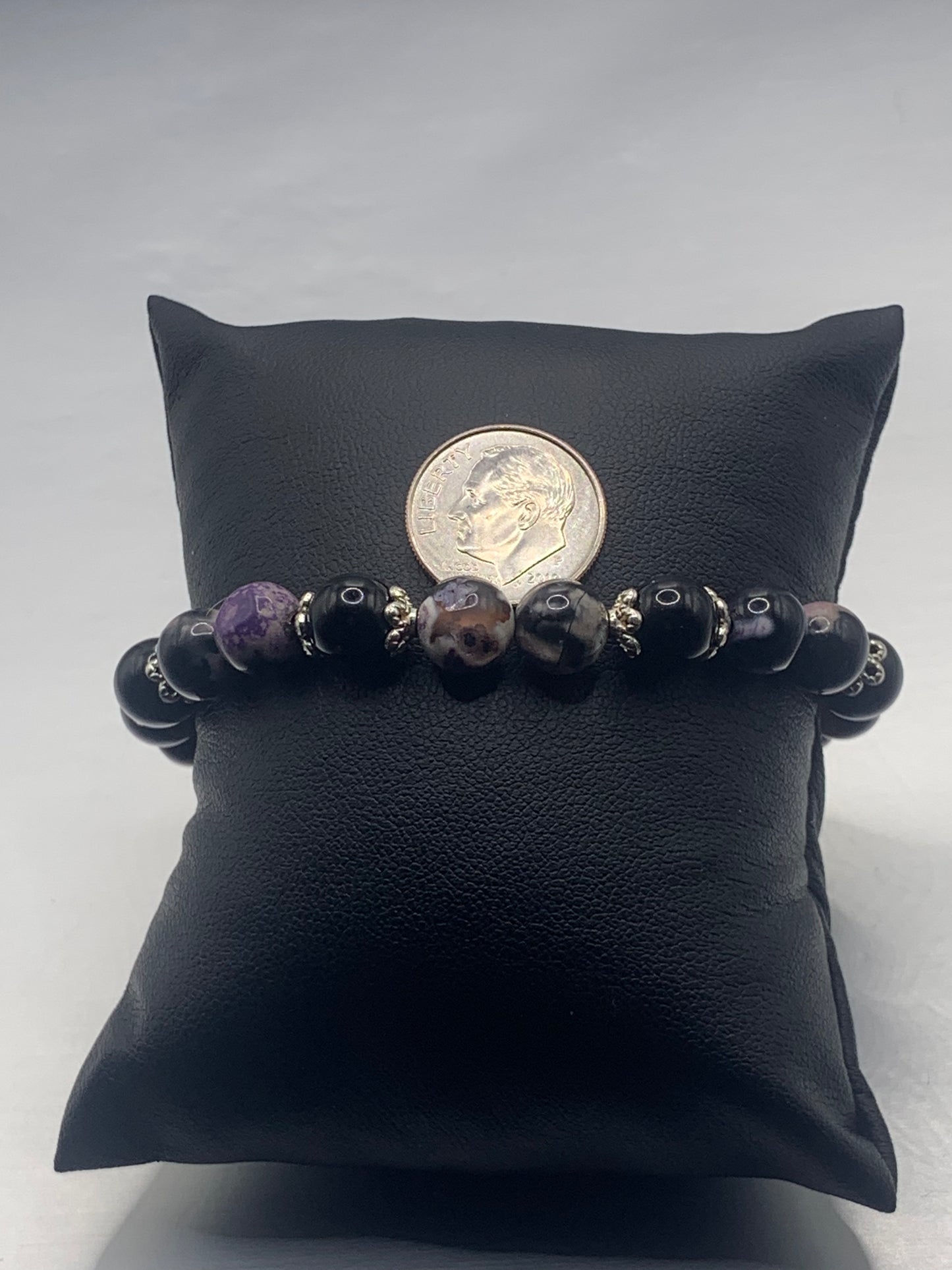 Black obsidian with purple orca agate semi precious stone/crystal beaded elastic bracelet with silver plated flower bead caps