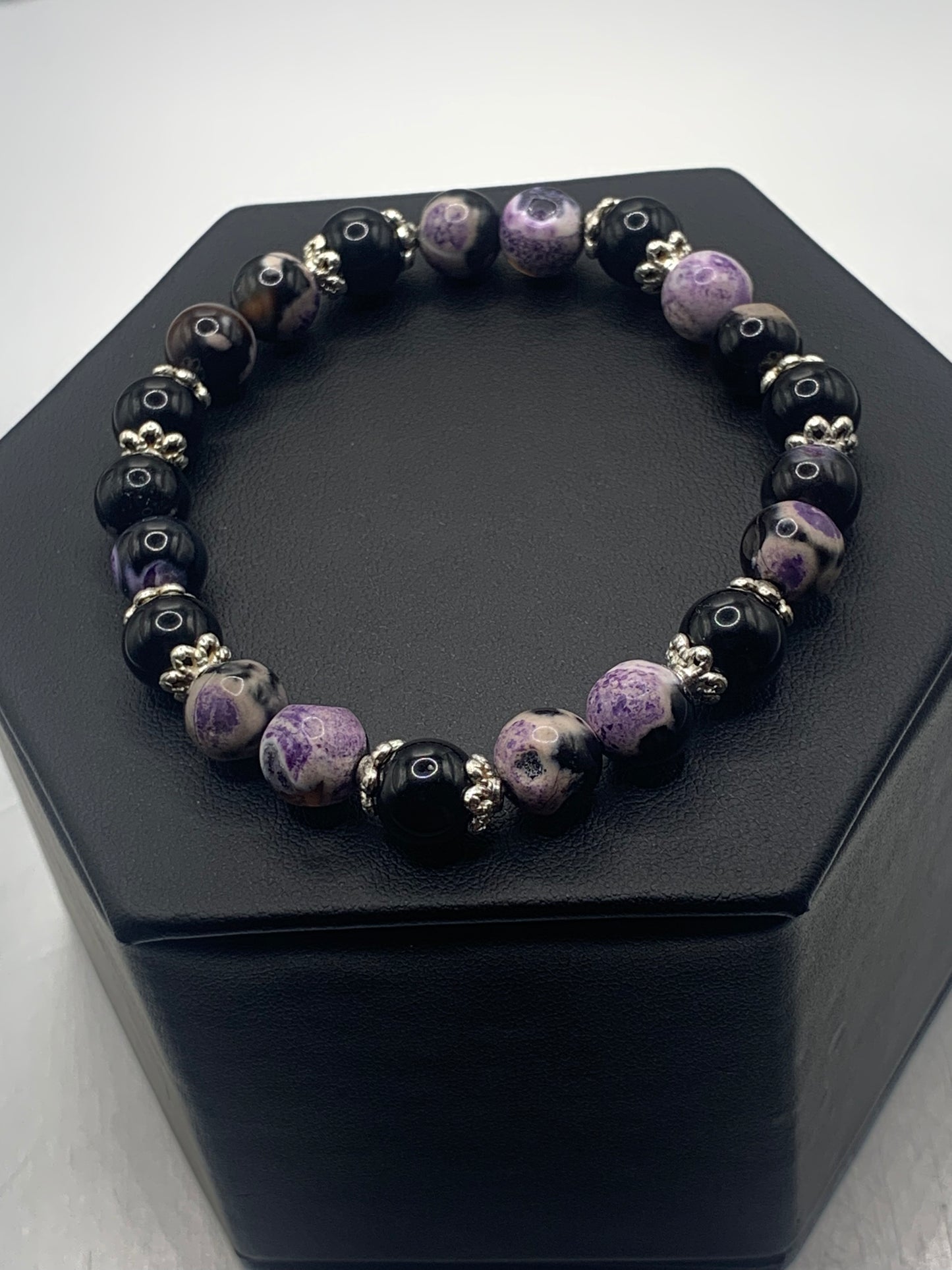 Black obsidian with purple orca agate semi precious stone/crystal beaded elastic bracelet with silver plated flower bead caps