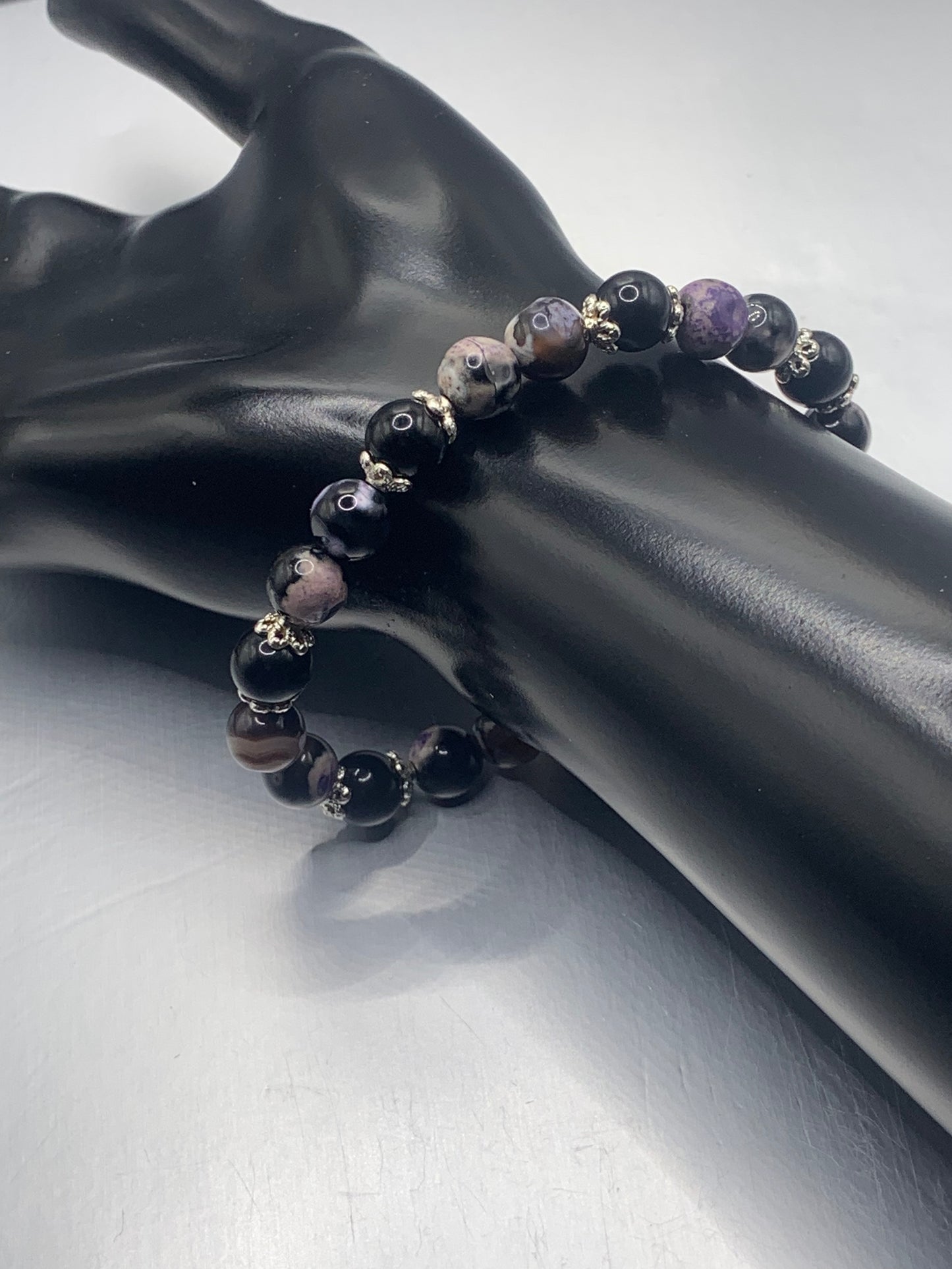 Black obsidian with purple orca agate semi precious stone/crystal beaded elastic bracelet with silver plated flower bead caps