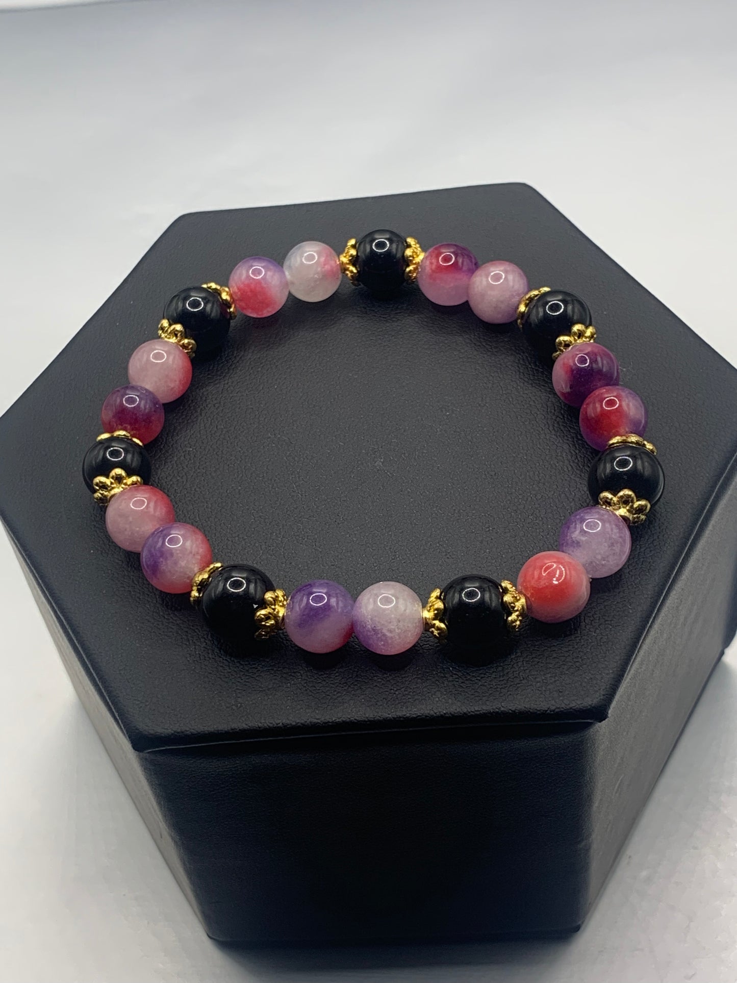 Black obsidian with purple pink chalcedony semi precious stone/crystal beaded elastic bracelet with gold plated flower bead caps
