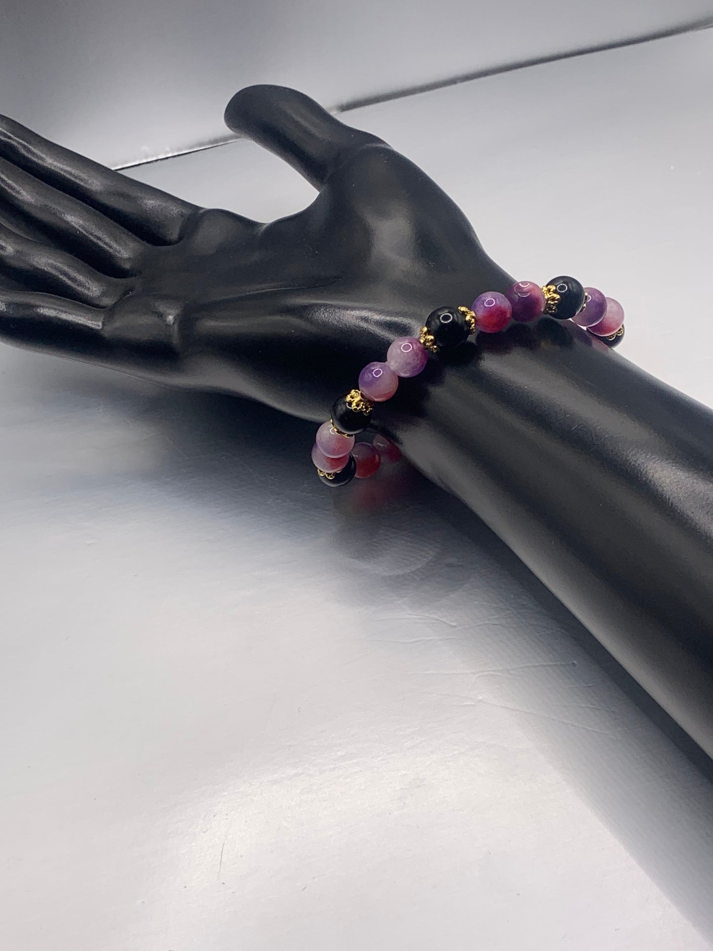 Black obsidian with purple pink chalcedony semi precious stone/crystal beaded elastic bracelet with gold plated flower bead caps