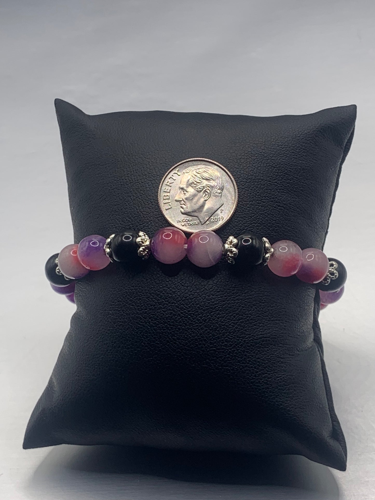 Black obsidian with purple pink chalcedony semi precious stone/crystal beaded elastic bracelet with silver plated flower bead caps