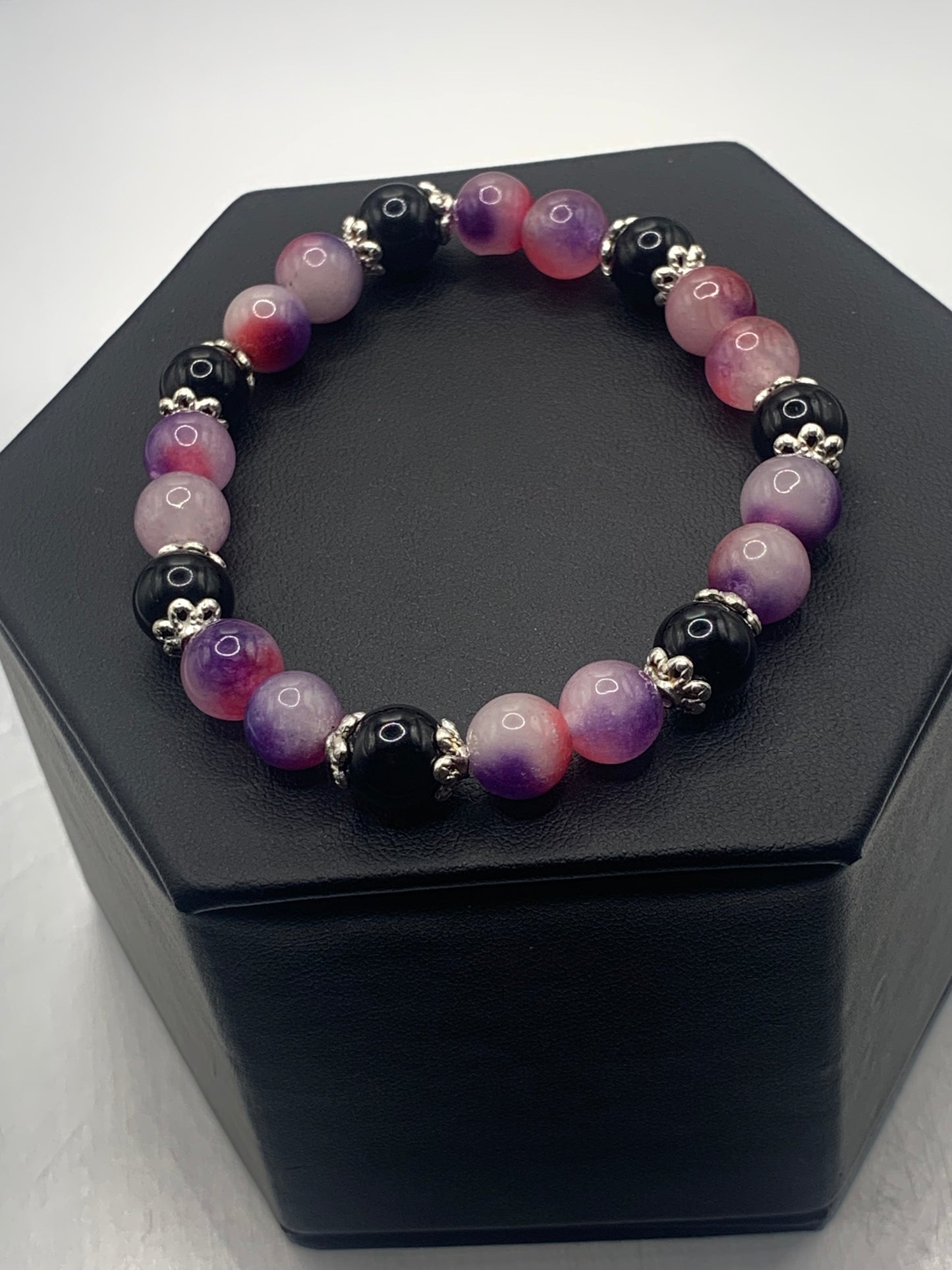 Black obsidian with purple pink chalcedony semi precious stone/crystal beaded elastic bracelet with silver plated flower bead caps