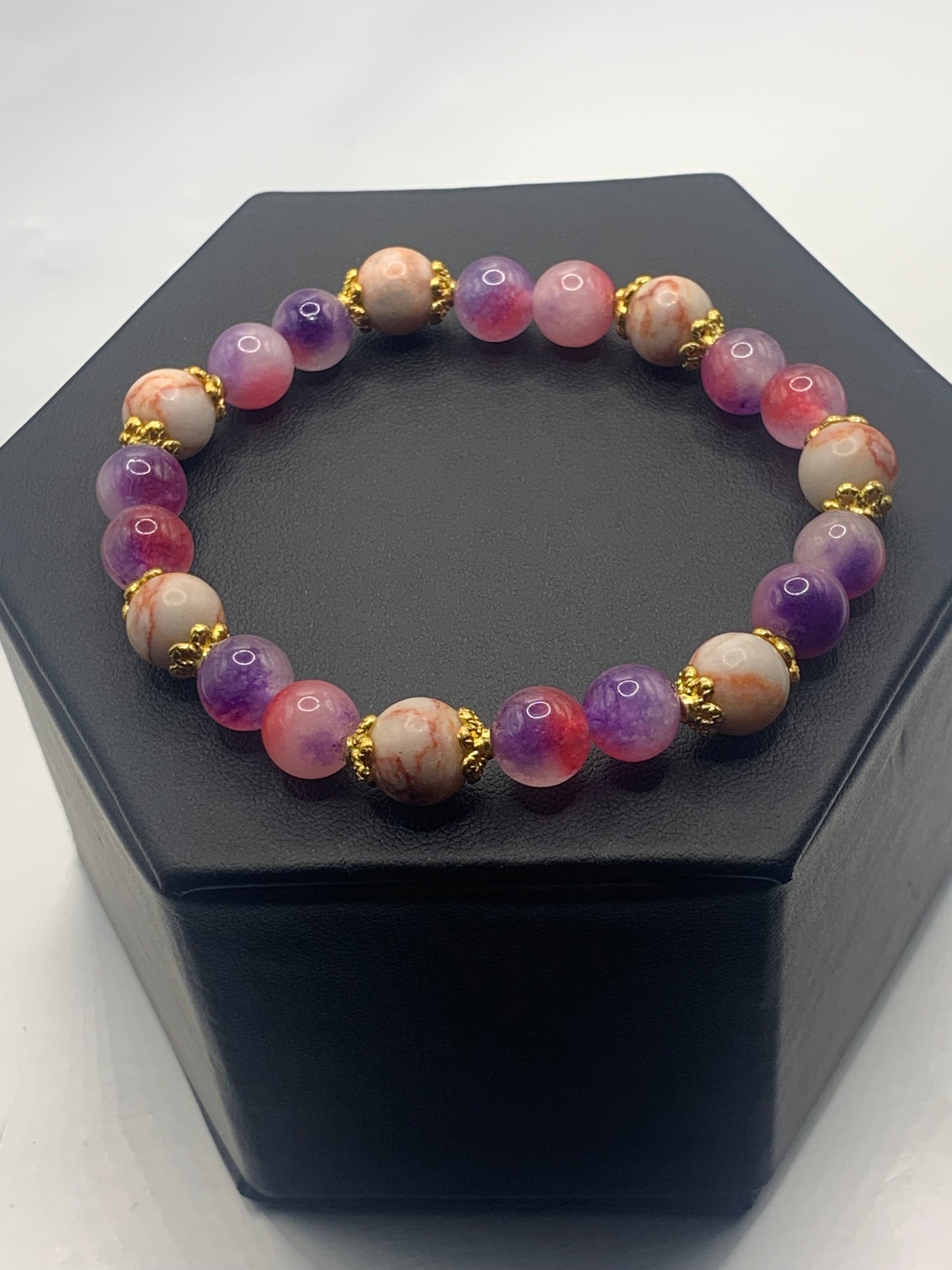 Red vein jasper and pink purple chalcedony semi precious stone/crystal elastic beaded bracelet with gold plated flower bead caps
