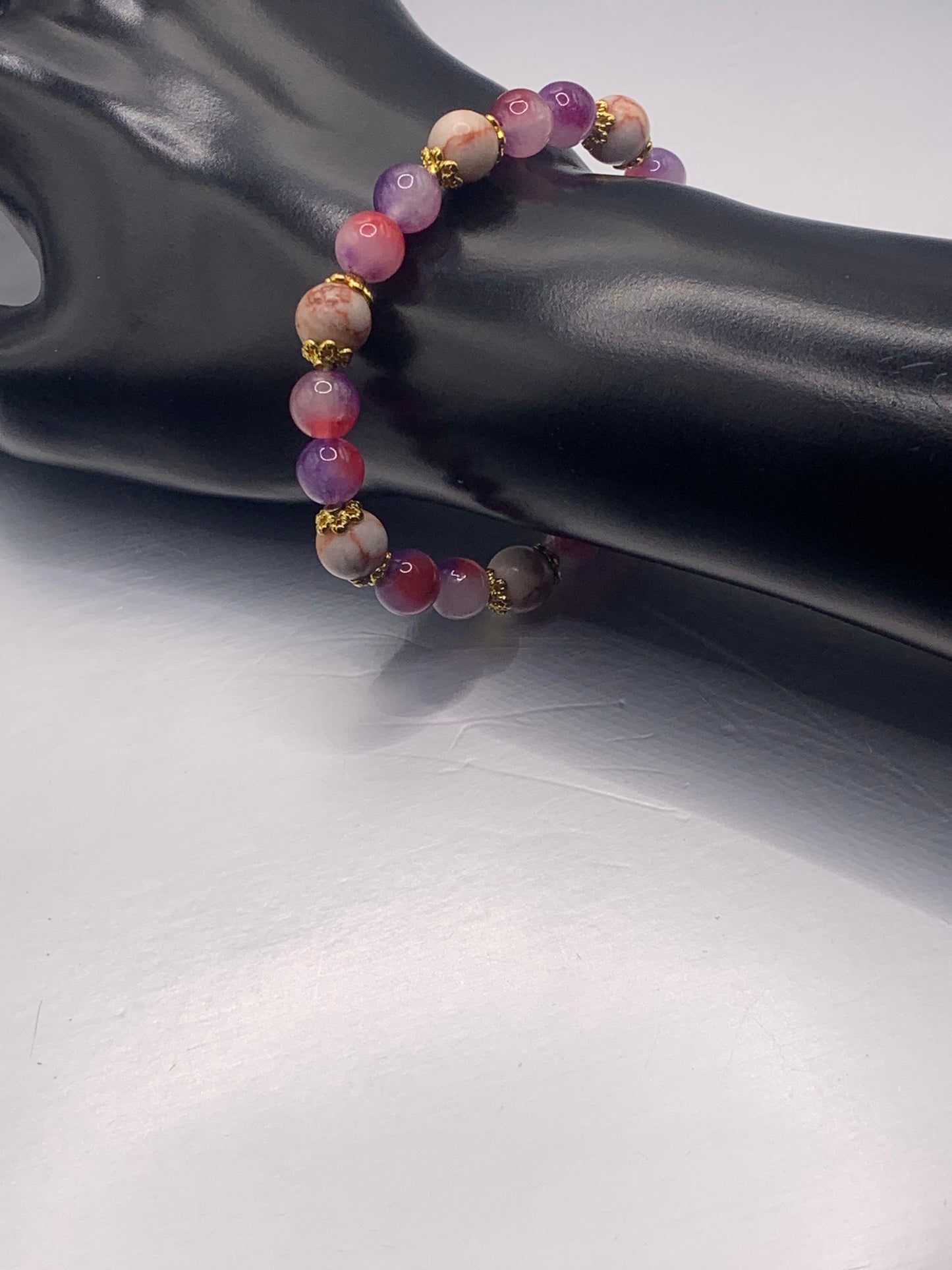 Red vein jasper and pink purple chalcedony semi precious stone/crystal elastic beaded bracelet with gold plated flower bead caps