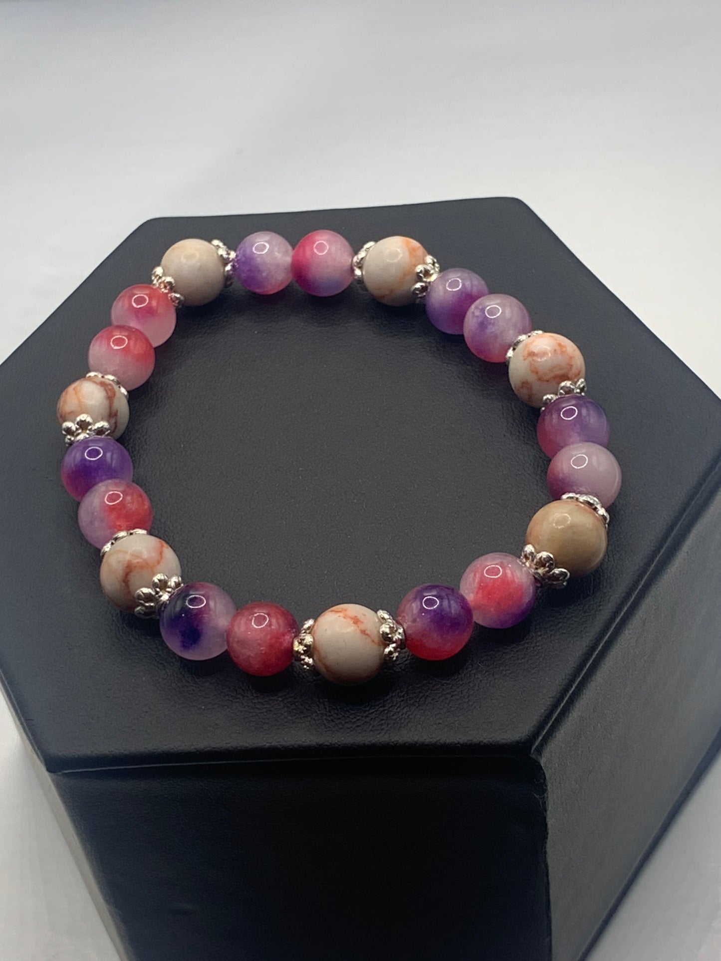 Red vein jasper and pink purple chalcedony semi precious stone/crystal elastic beaded bracelet with silver plated flower bead caps