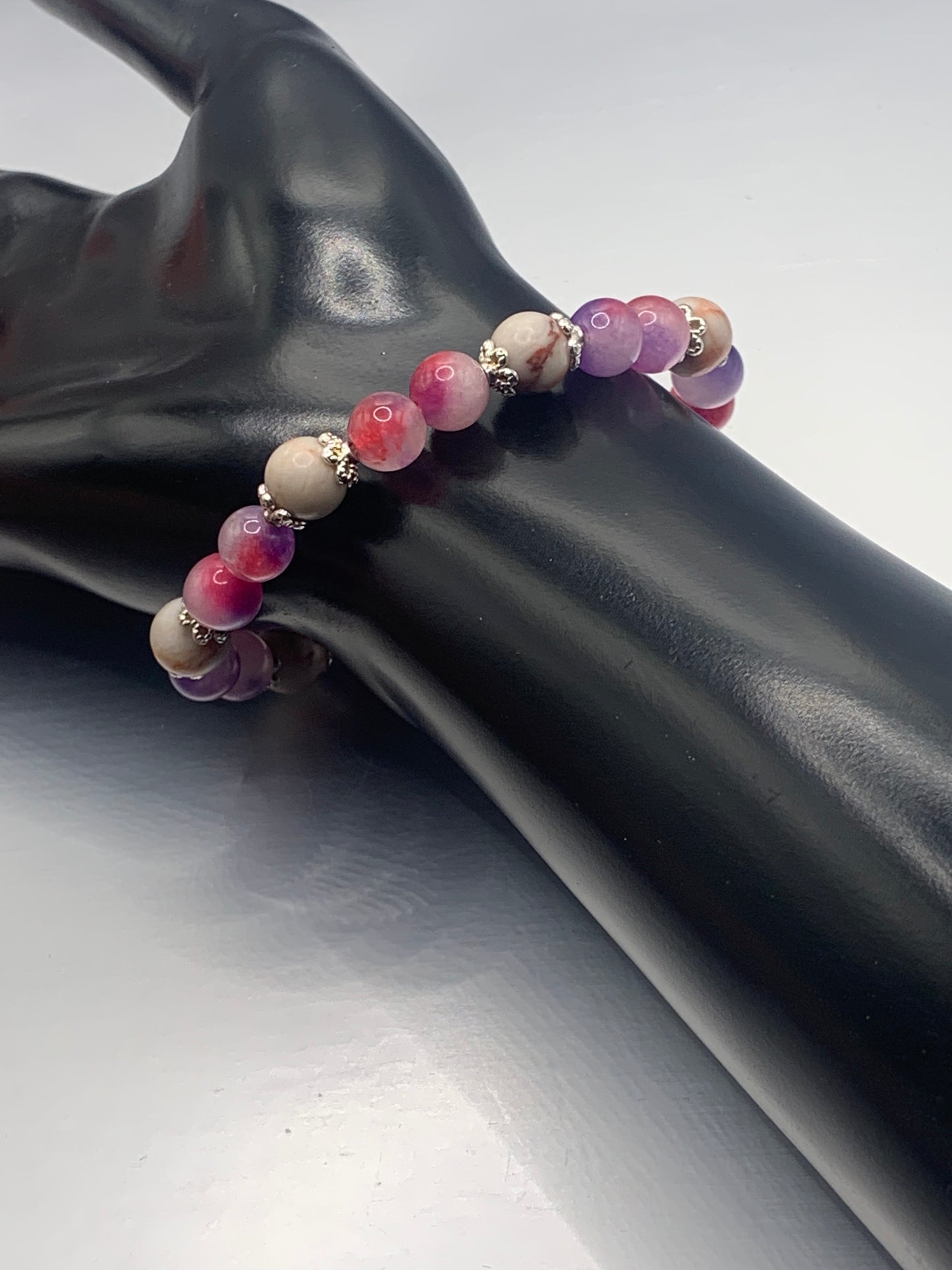Red vein jasper and pink purple chalcedony semi precious stone/crystal elastic beaded bracelet with silver plated flower bead caps