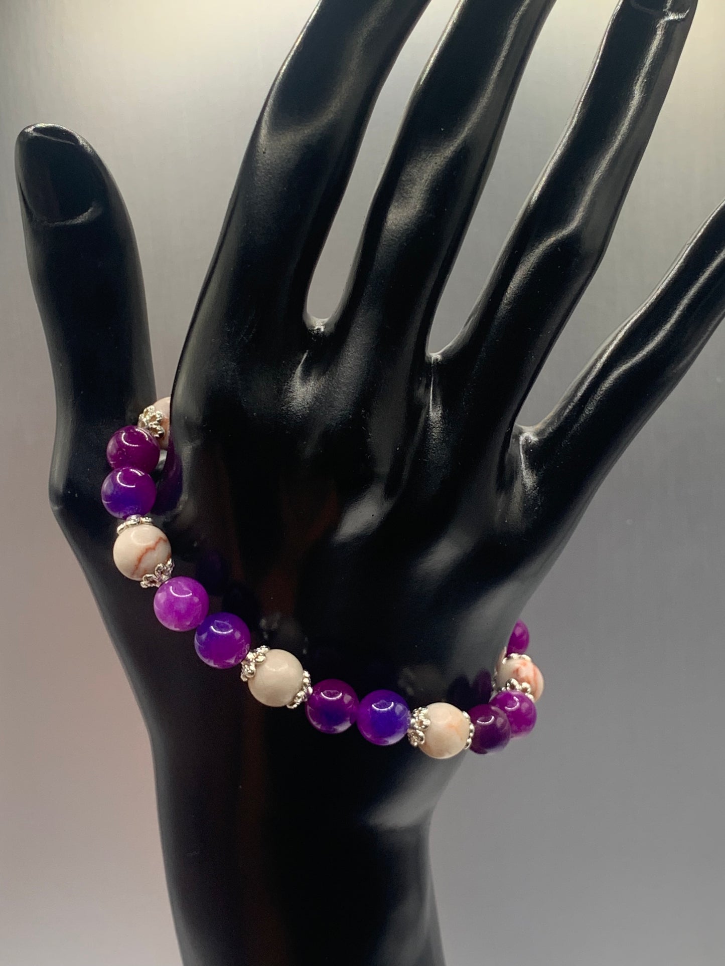 Red vein jasper and purple blue chalcedony semi precious stone/crystal elastic beaded bracelet with silver plated flower bead caps