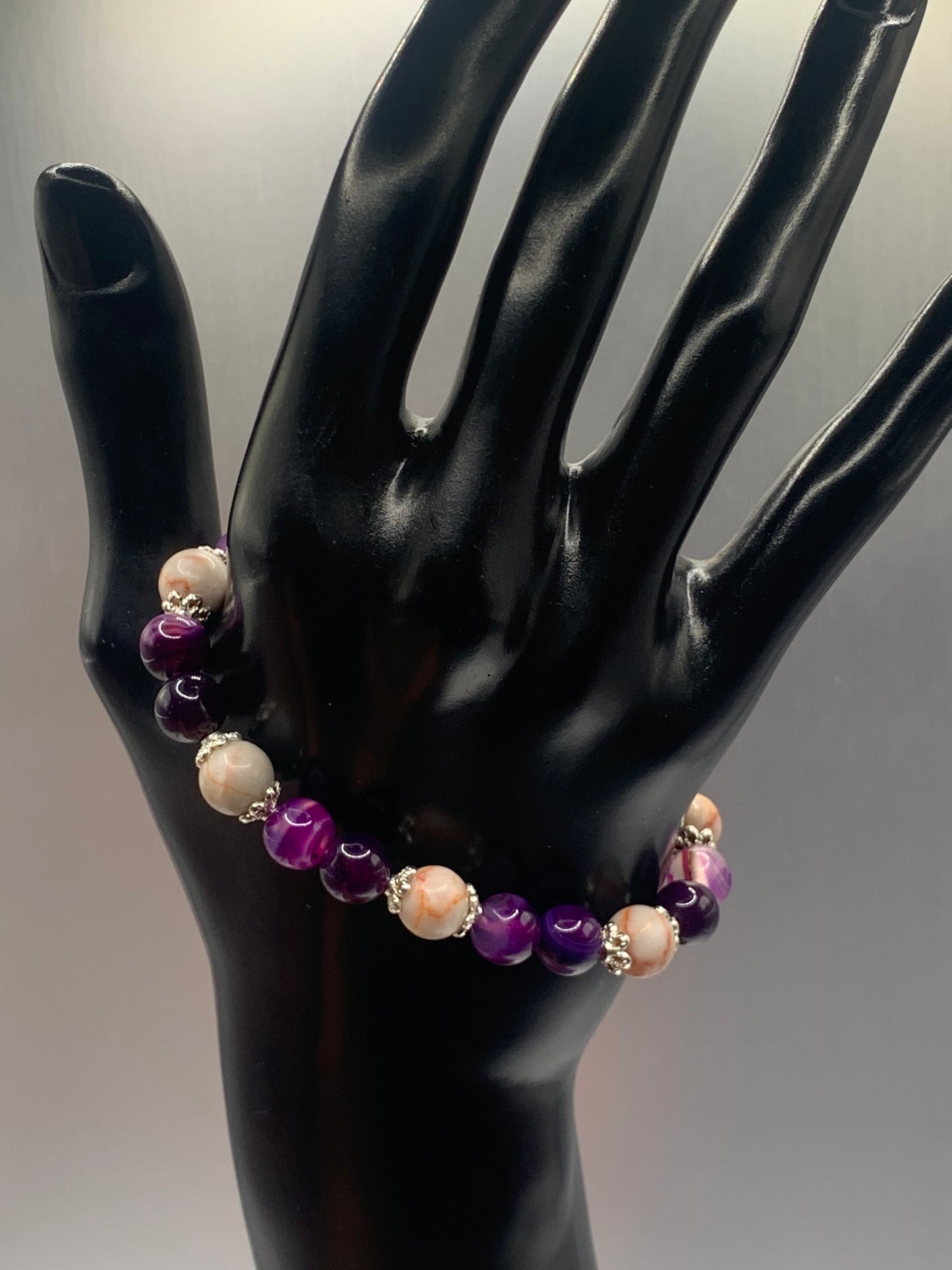 Red vein jasper and purple lace agate semi precious stone/crystal elastic beaded bracelet with silver plated flower bead caps