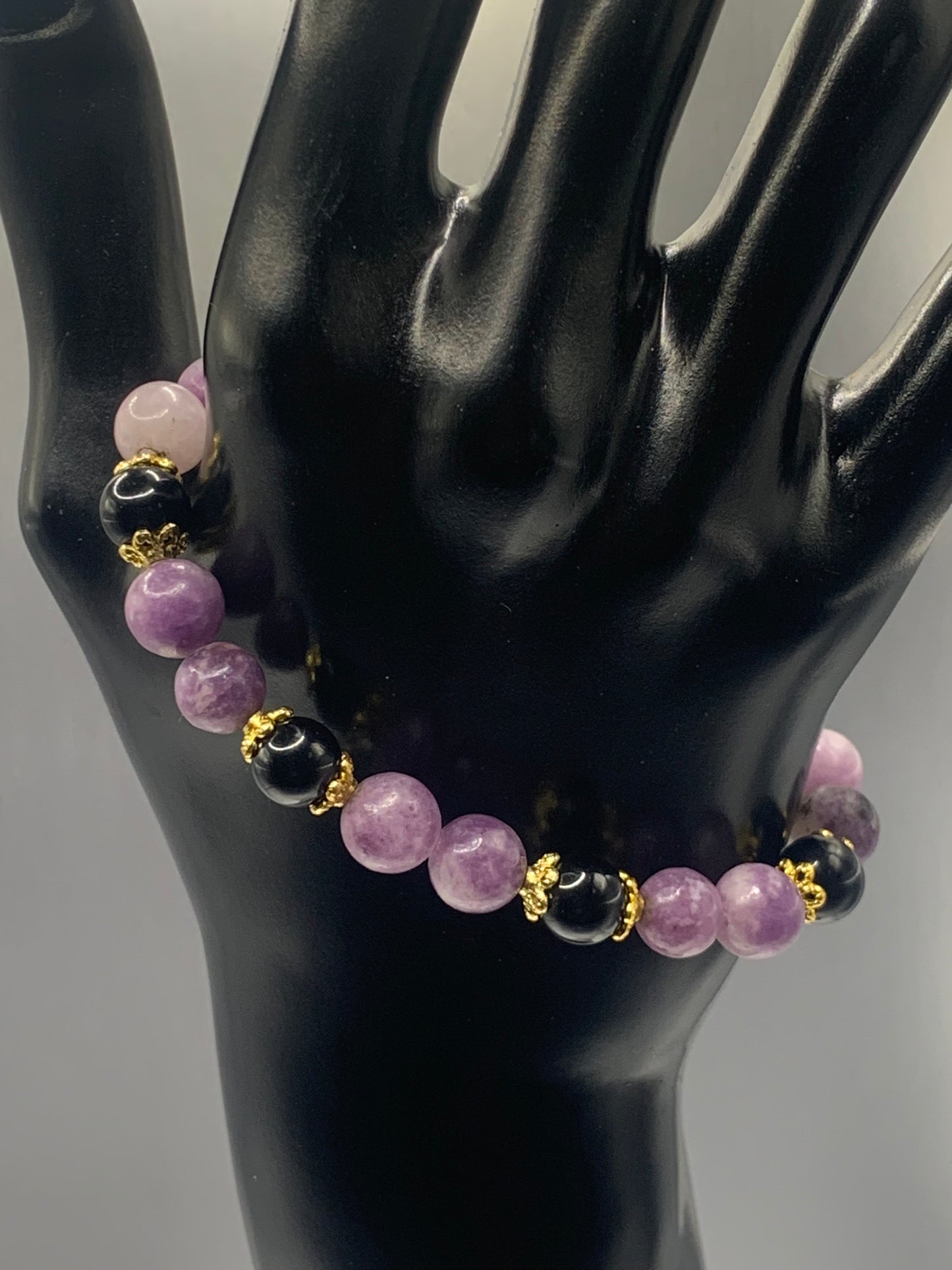 Black obsidian with purple mica semi precious stone/crystal beaded elastic bracelet with gold plated flower bead caps