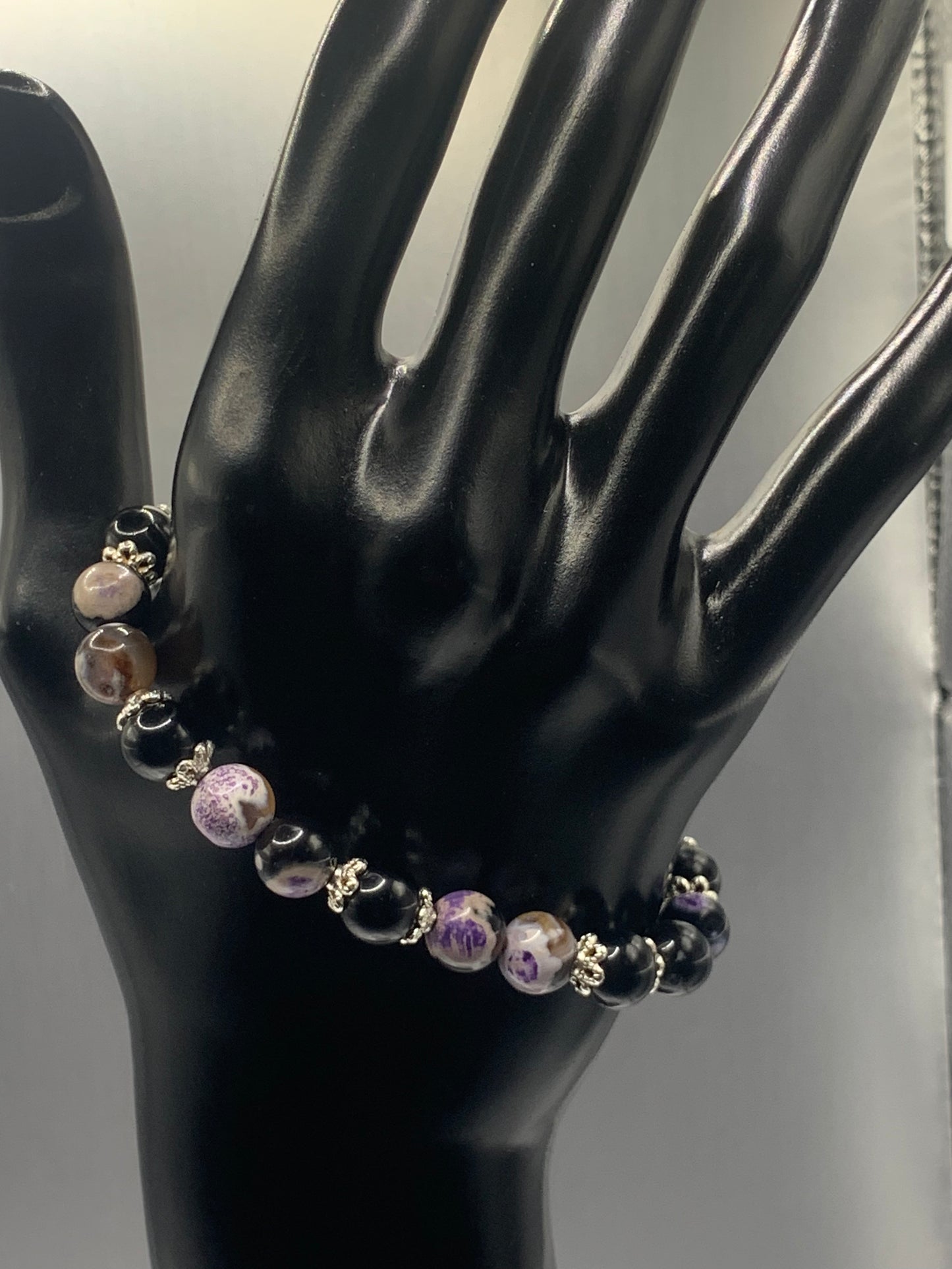 Black obsidian with purple orca agate semi precious stone/crystal beaded elastic bracelet with silver plated flower bead caps