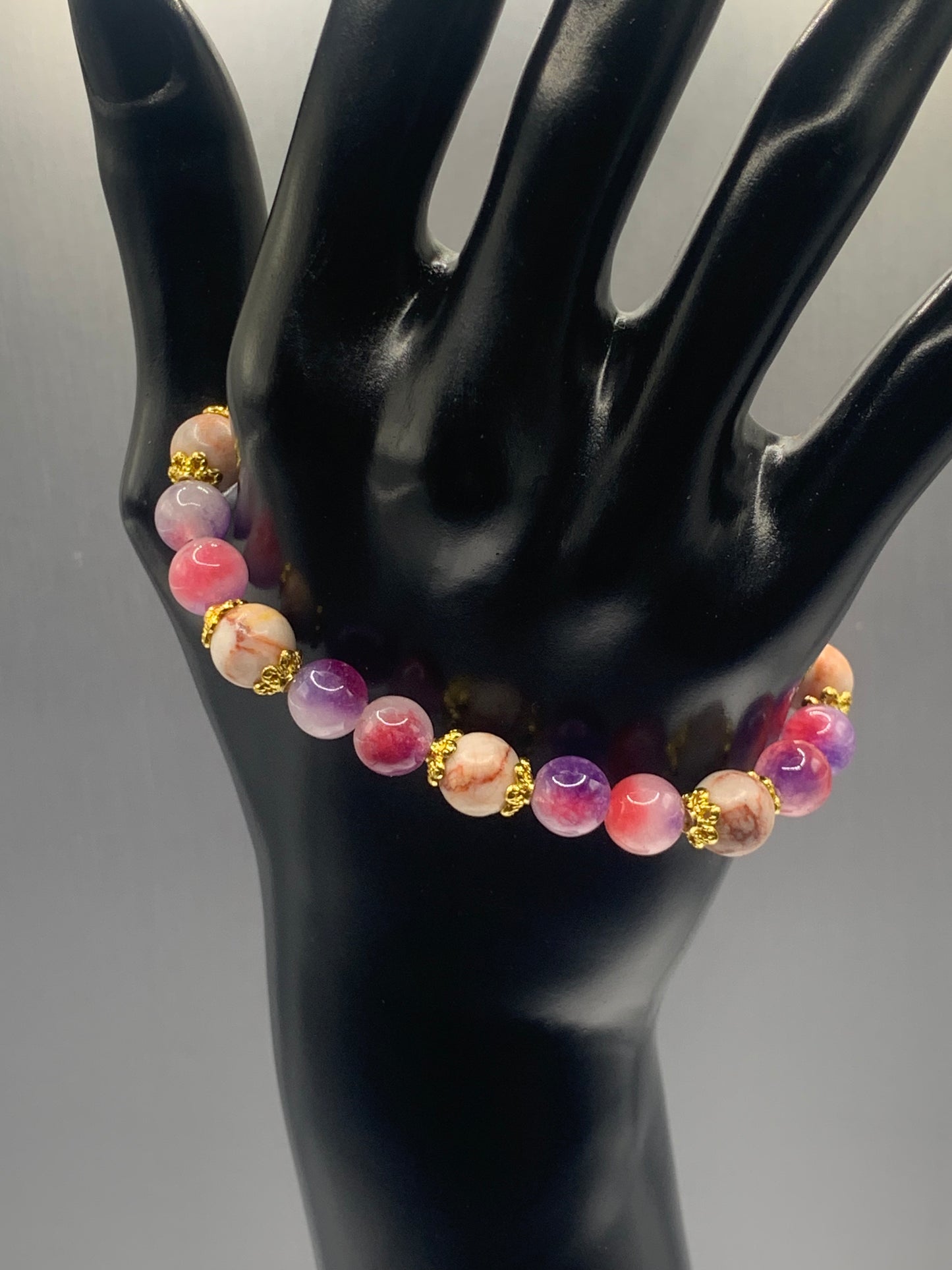 Red vein jasper and pink purple chalcedony semi precious stone/crystal elastic beaded bracelet with gold plated flower bead caps