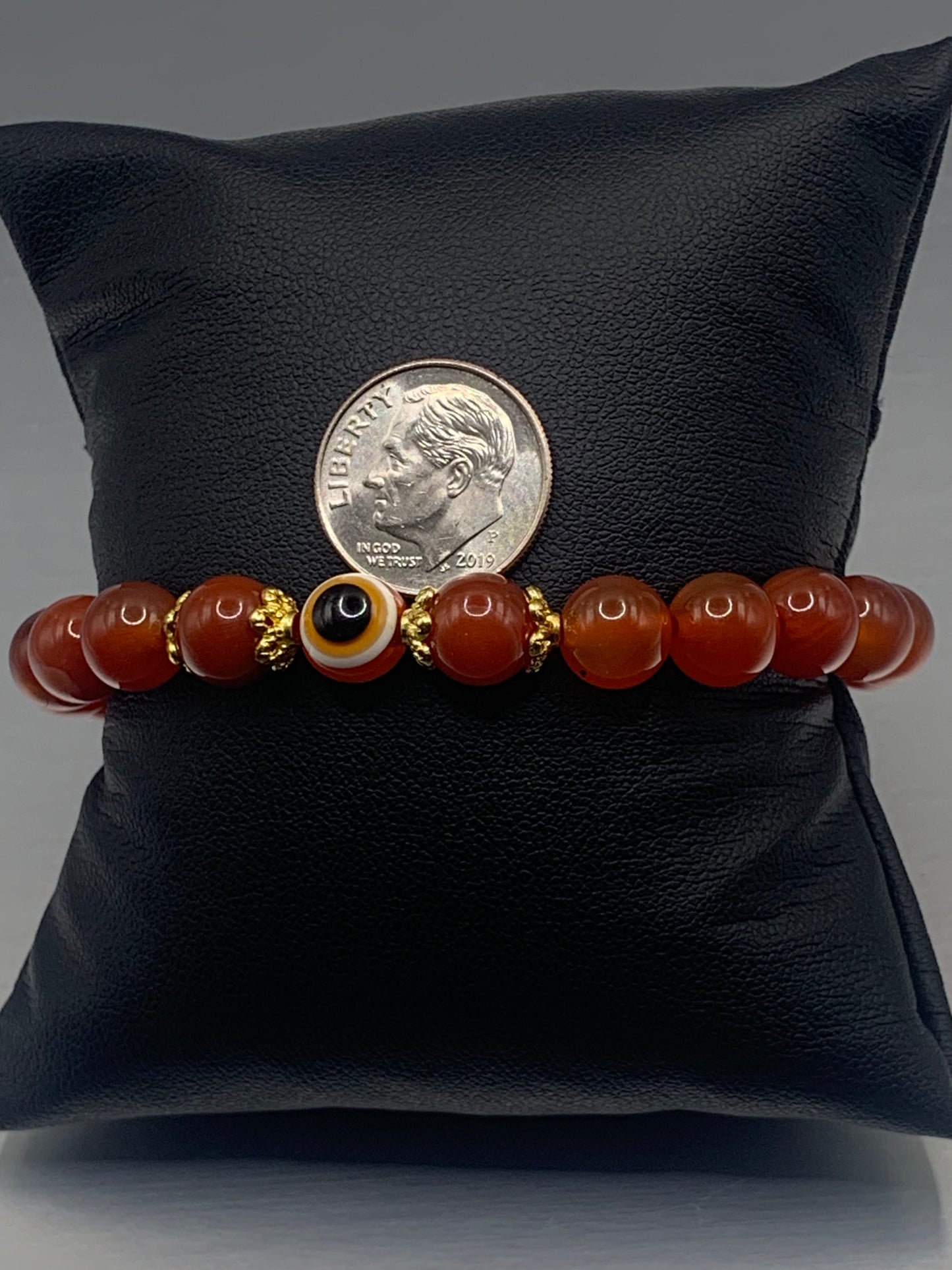 Red agate semi precious stone/crystal with resin evil eye beaded elastic bracelet