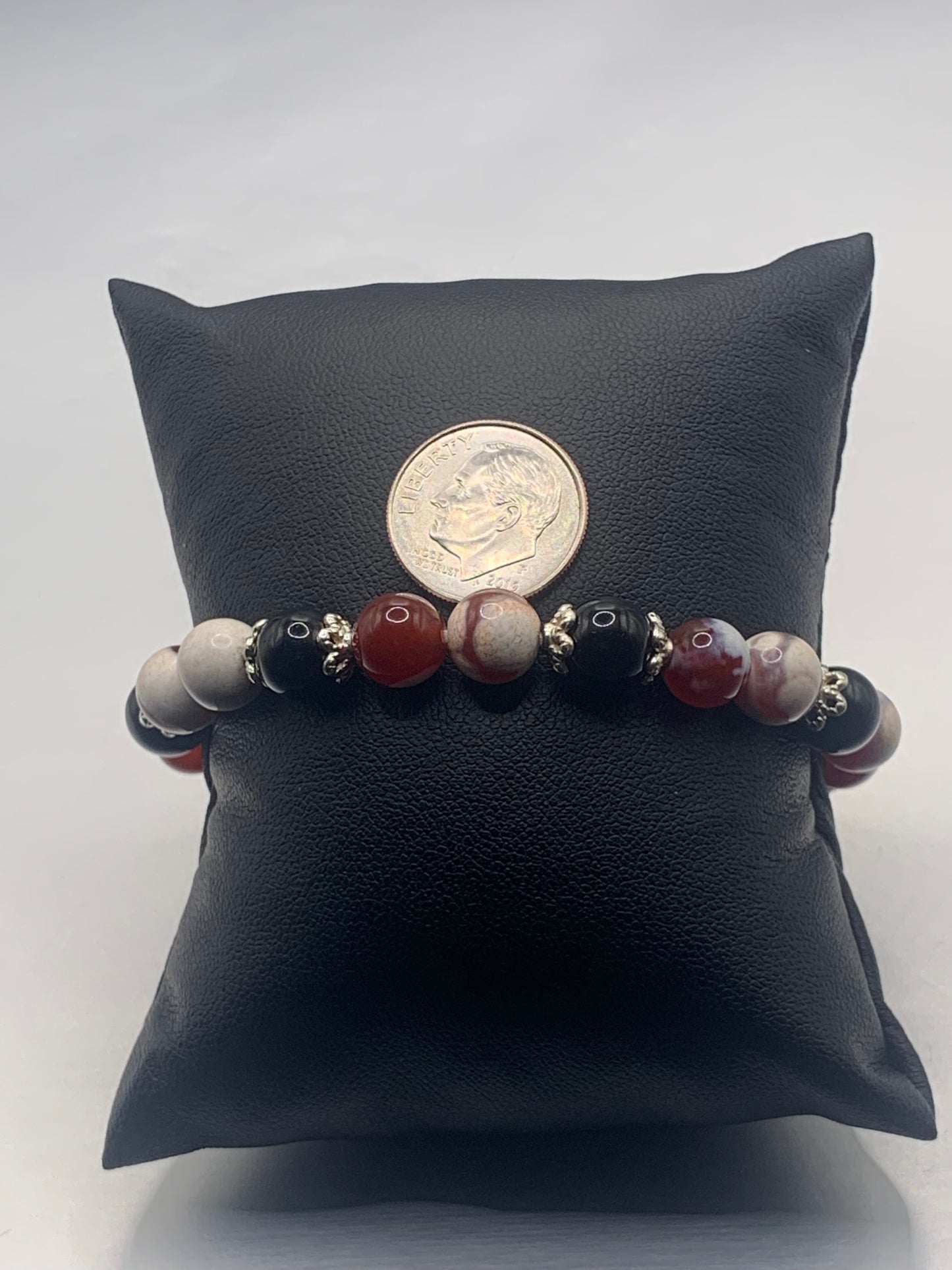 Black obsidian with red white orca agate semi precious stone/crystal beaded elastic bracelet with silver plated flower bead caps