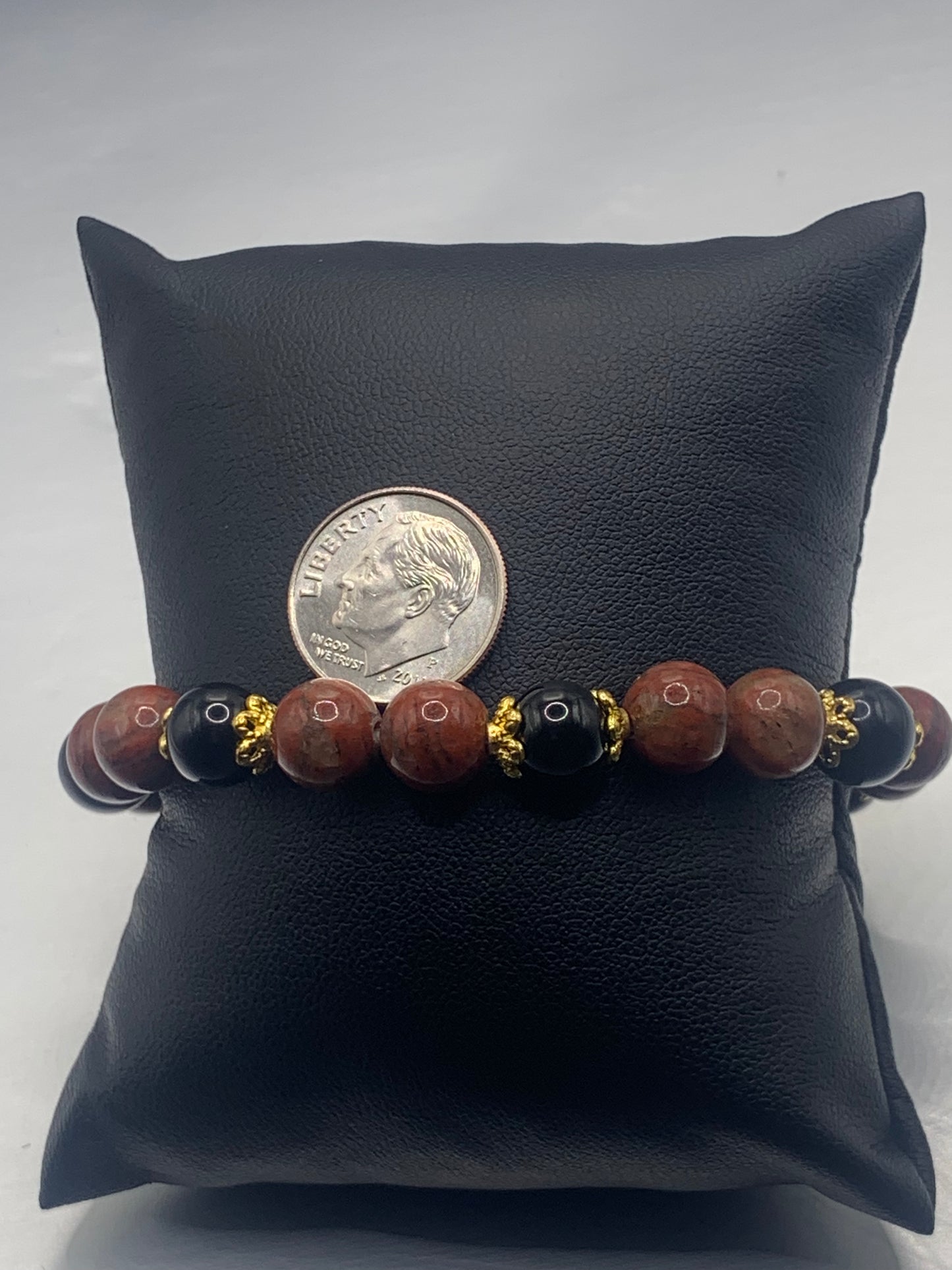 Black obsidian with red sesame jasper semi precious stone/crystal beaded elastic bracelet with gold plated flower bead caps