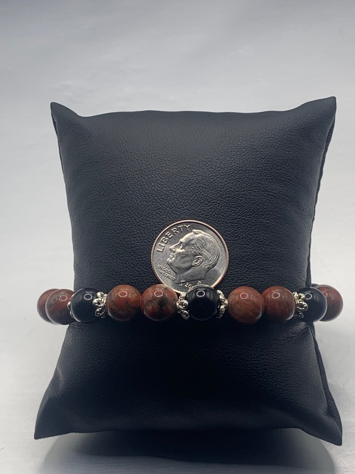 Black obsidian with red sesame jasper semi precious stone/crystal beaded elastic bracelet with silver plated flower bead caps