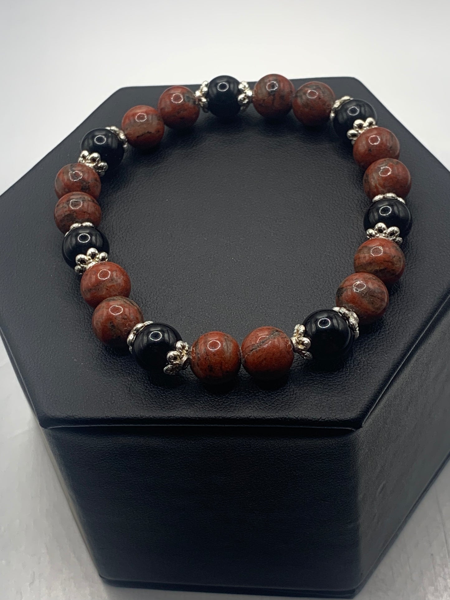 Black obsidian with red sesame jasper semi precious stone/crystal beaded elastic bracelet with silver plated flower bead caps