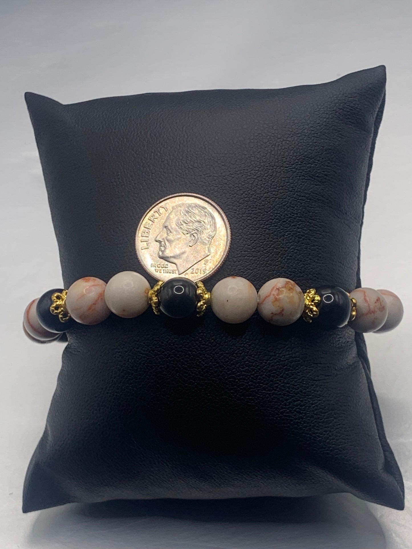 Black obsidian with red vein jasper semi precious stone/crystal beaded elastic bracelet with gold plated flower bead caps