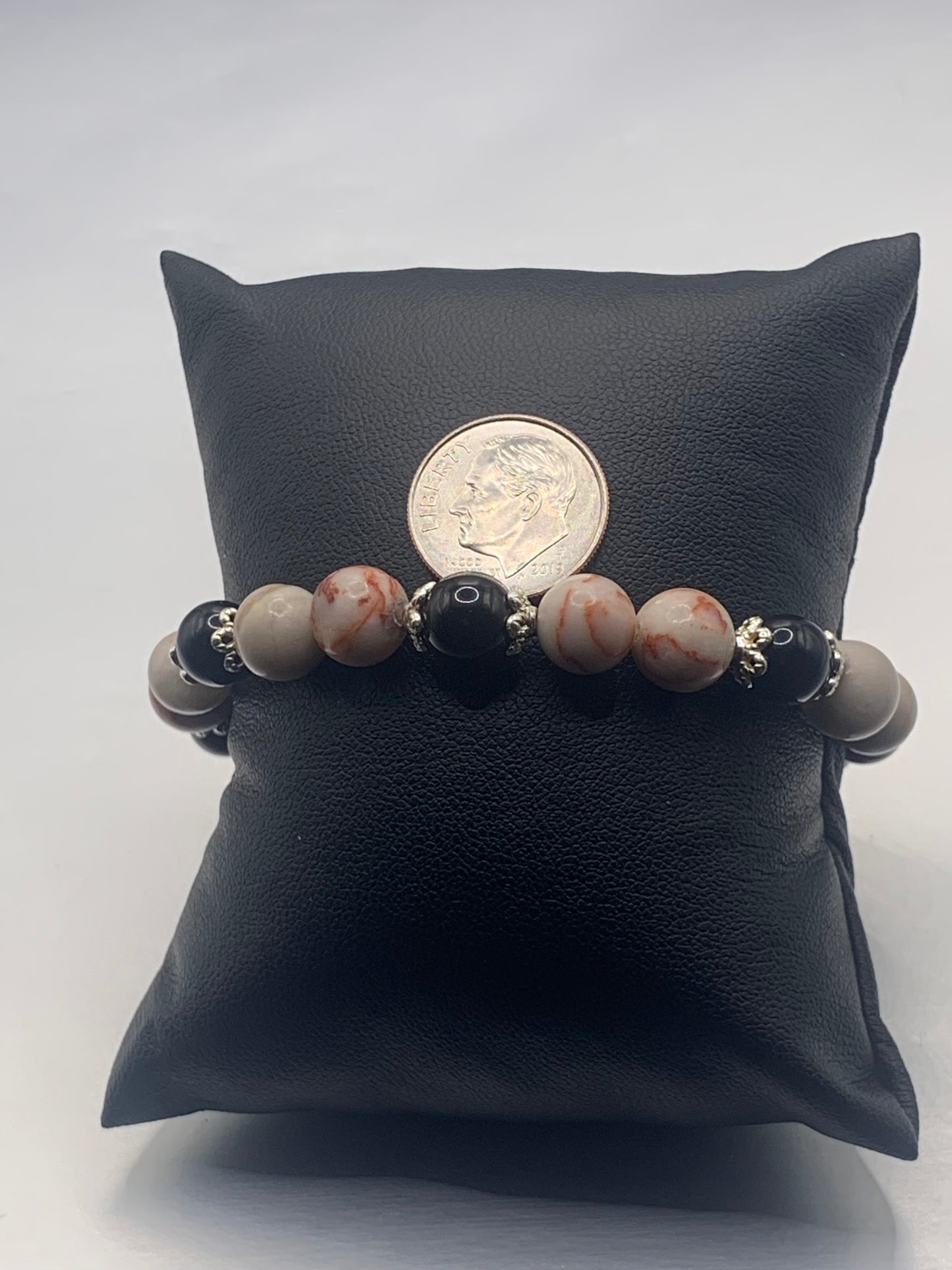 Black obsidian with red vein jasper semi precious stone/crystal beaded elastic bracelet with silver plated flower bead caps