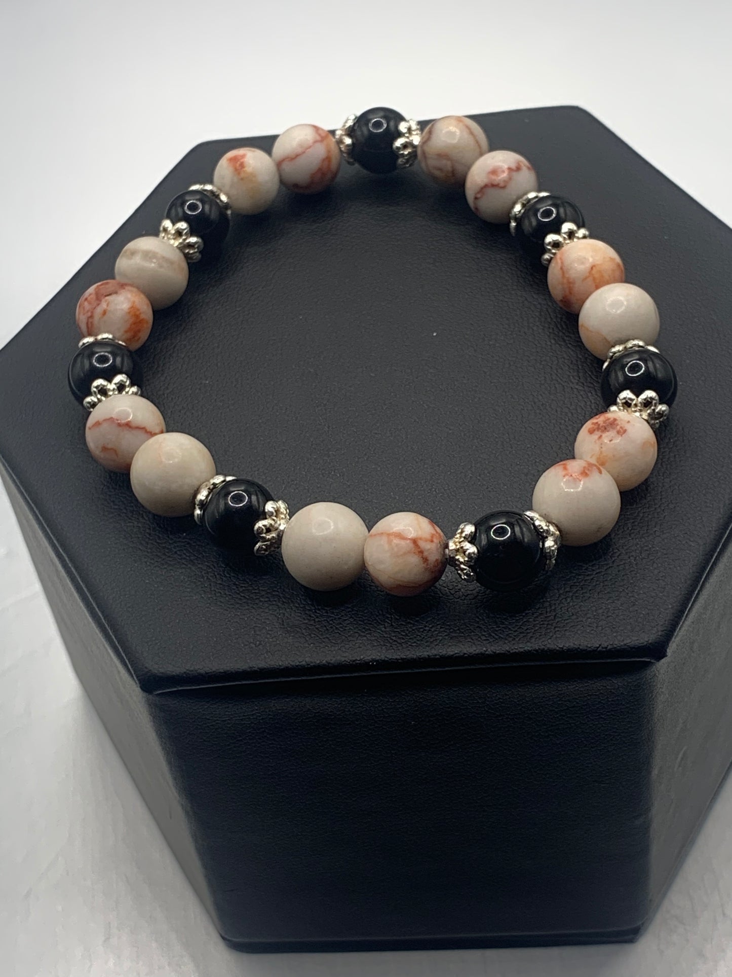 Black obsidian with red vein jasper semi precious stone/crystal beaded elastic bracelet with silver plated flower bead caps
