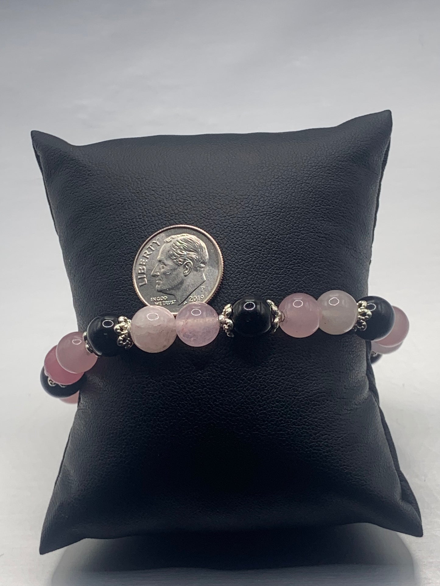 Black obsidian with rose quartz (enhanced) semi precious stone/crystal beaded elastic bracelet with silver plated flower bead caps