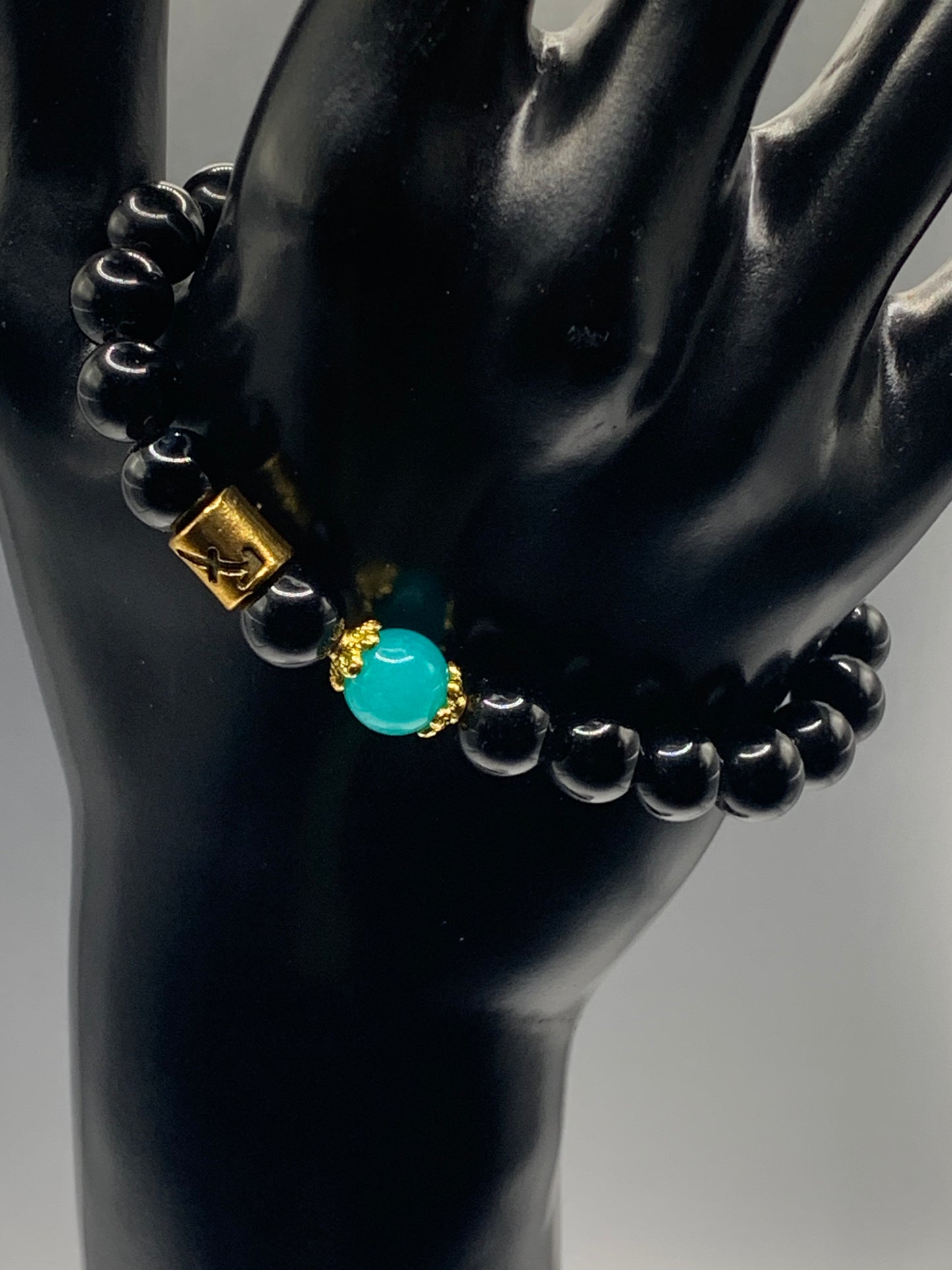 Sagittarius Zodiac black obsidian with aquamarine chalcedony semi precious stone/crystal elastic beaded bracelet