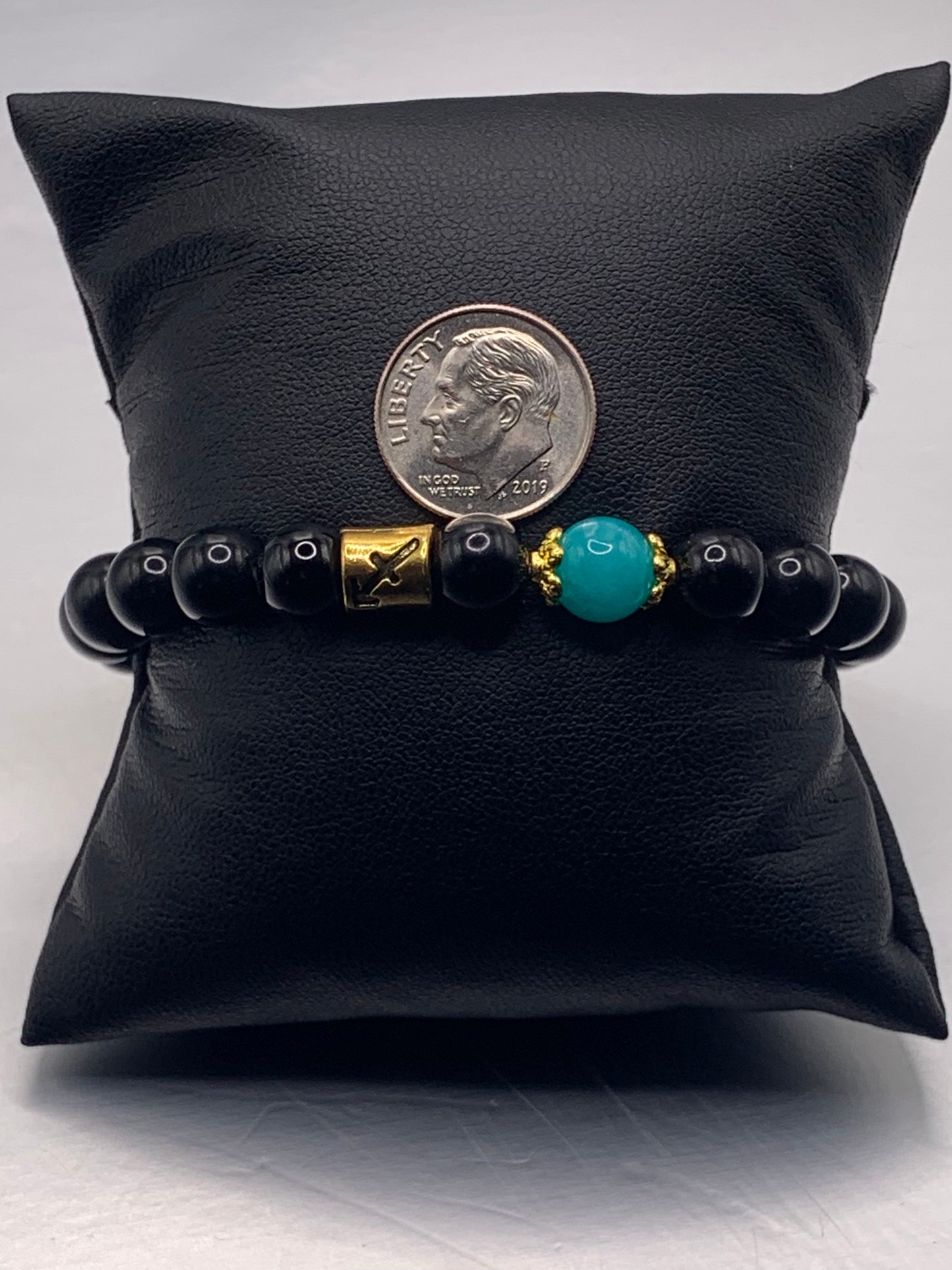 Sagittarius Zodiac black obsidian with aquamarine chalcedony semi precious stone/crystal elastic beaded bracelet