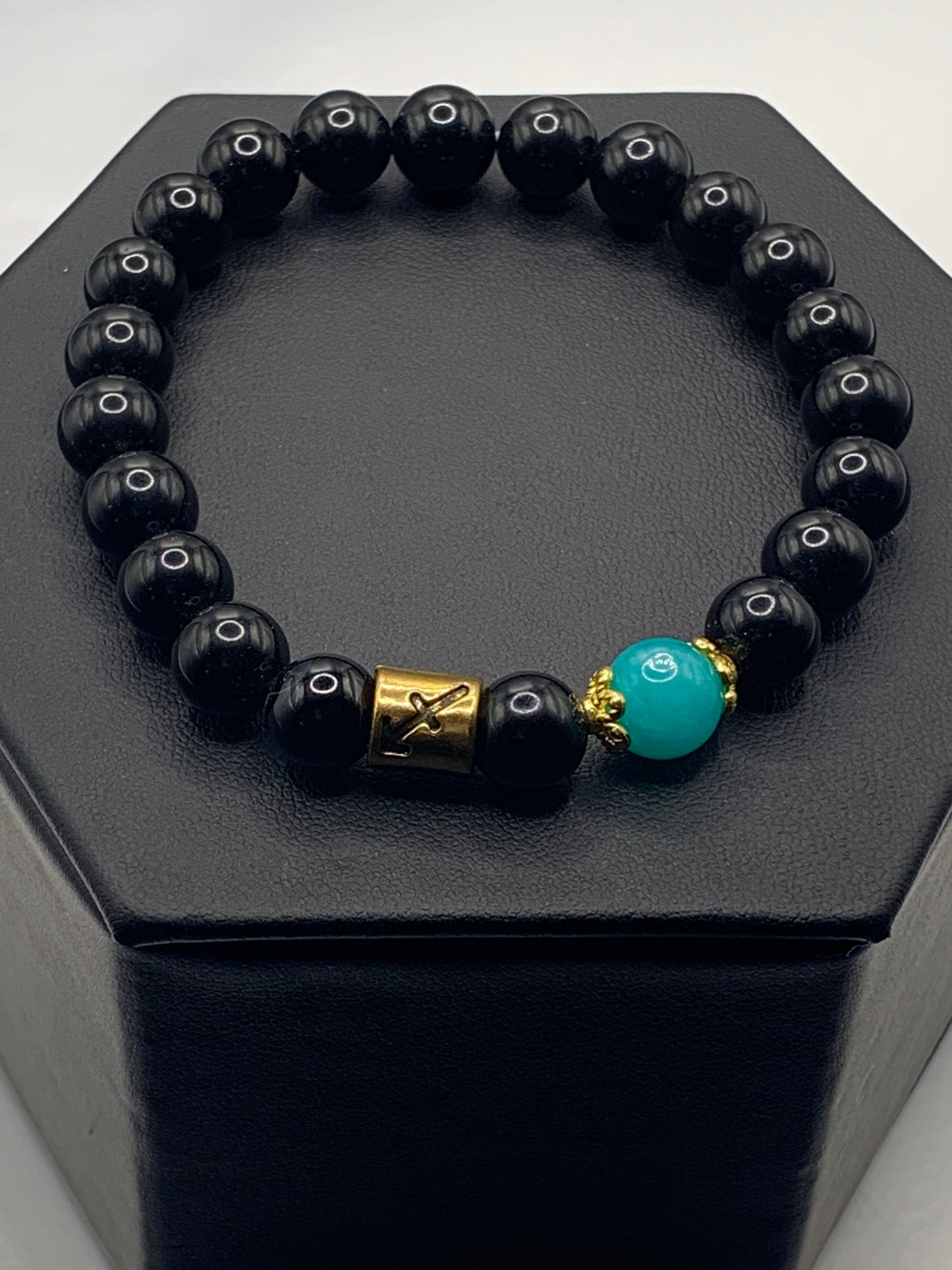 Sagittarius Zodiac black obsidian with aquamarine chalcedony semi precious stone/crystal elastic beaded bracelet