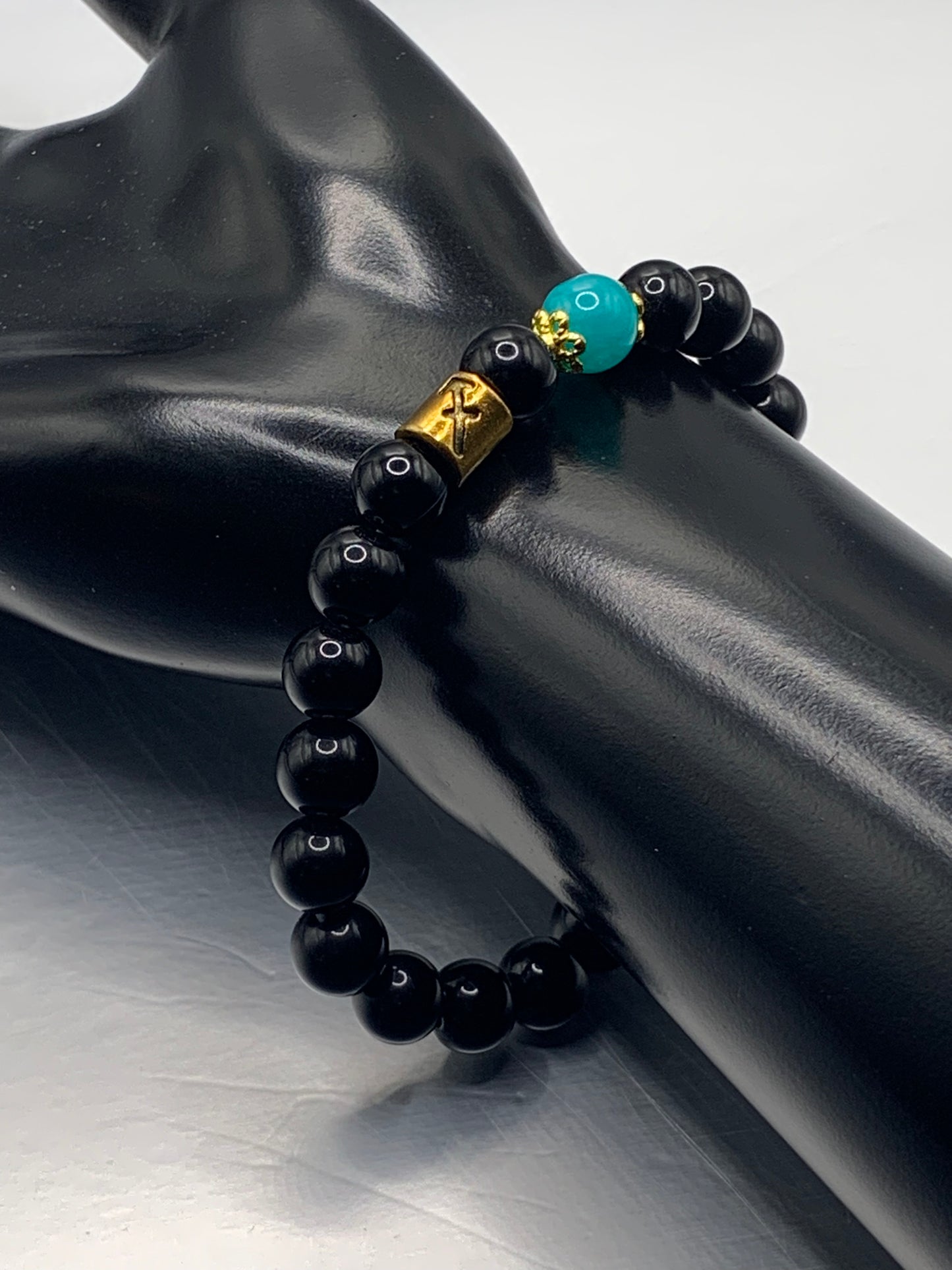 Sagittarius Zodiac black obsidian with aquamarine chalcedony semi precious stone/crystal elastic beaded bracelet